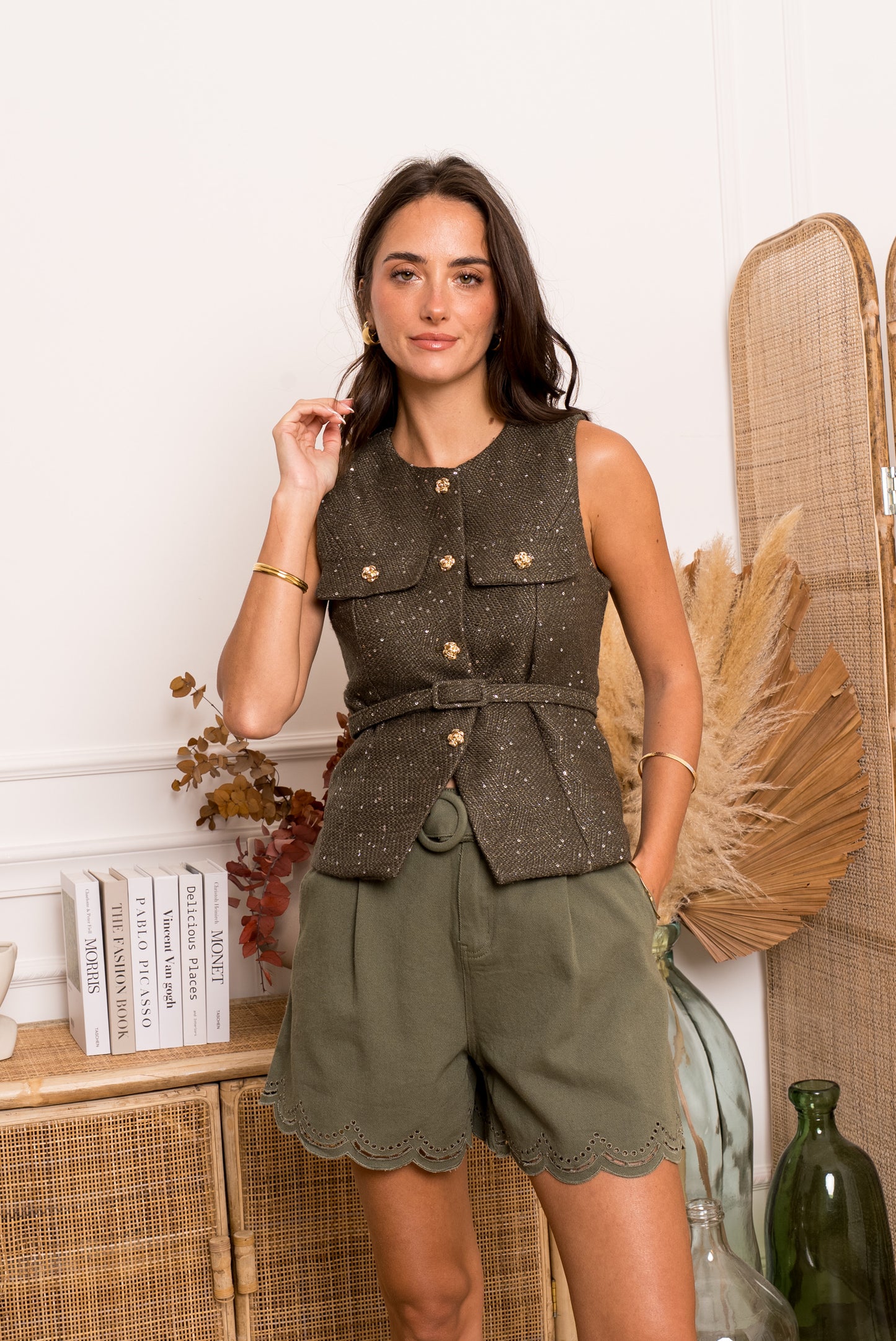 Ada khaki tweed sleeveless top