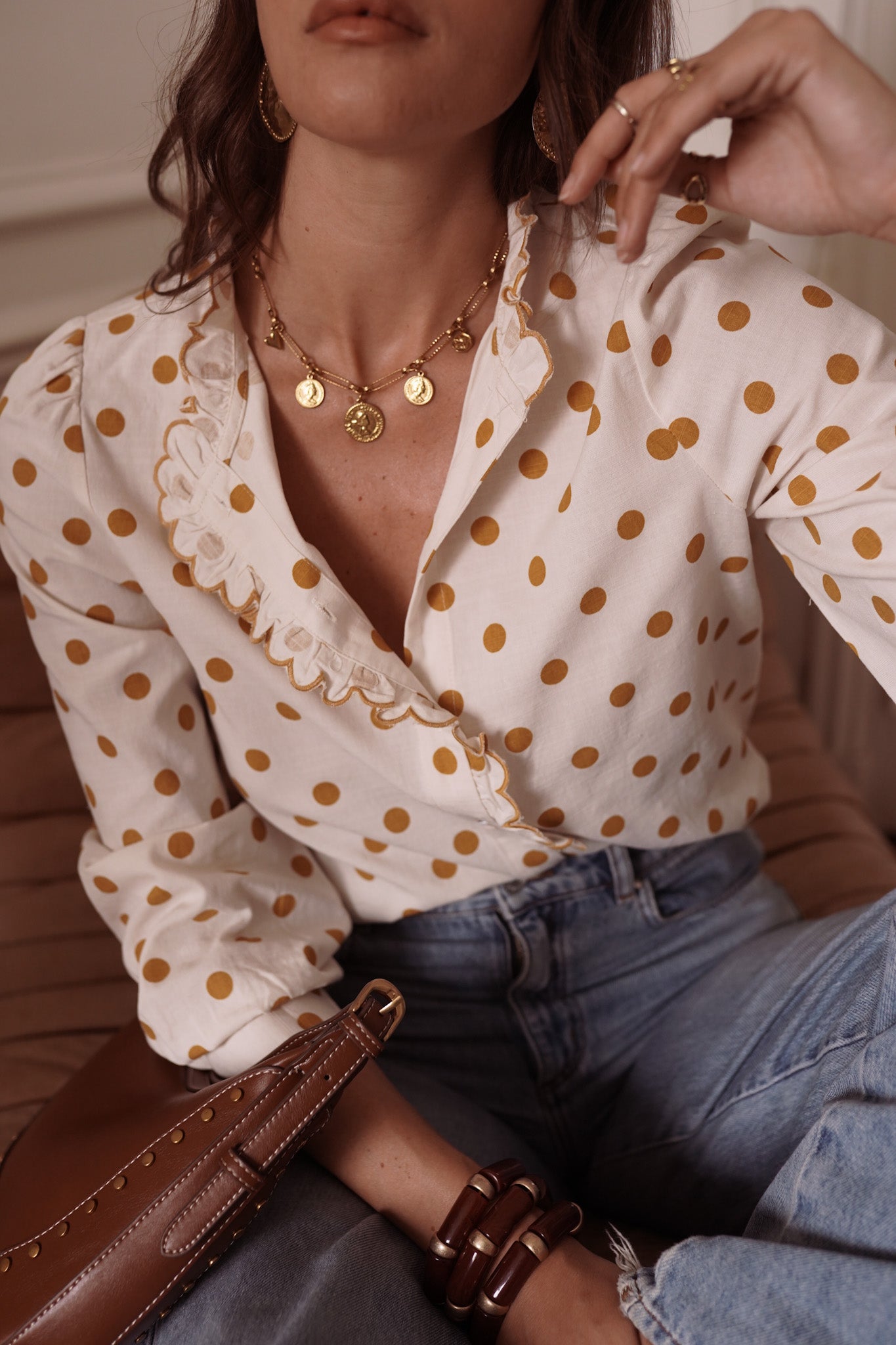 Meredith polka dot mustard blouse
