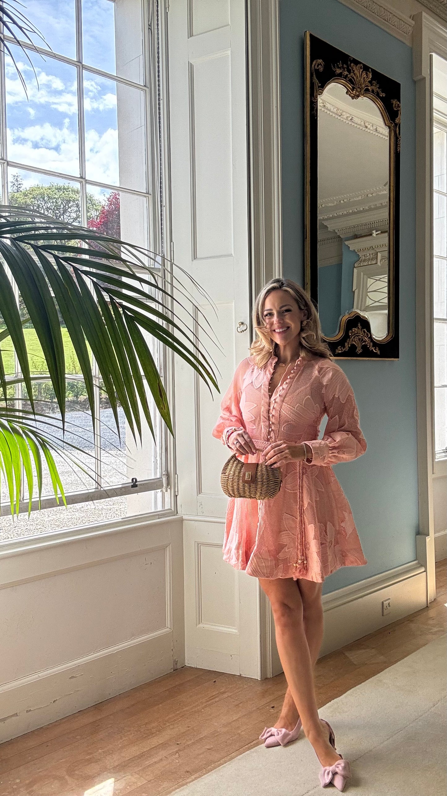 Donna peachy pink lace mini dress