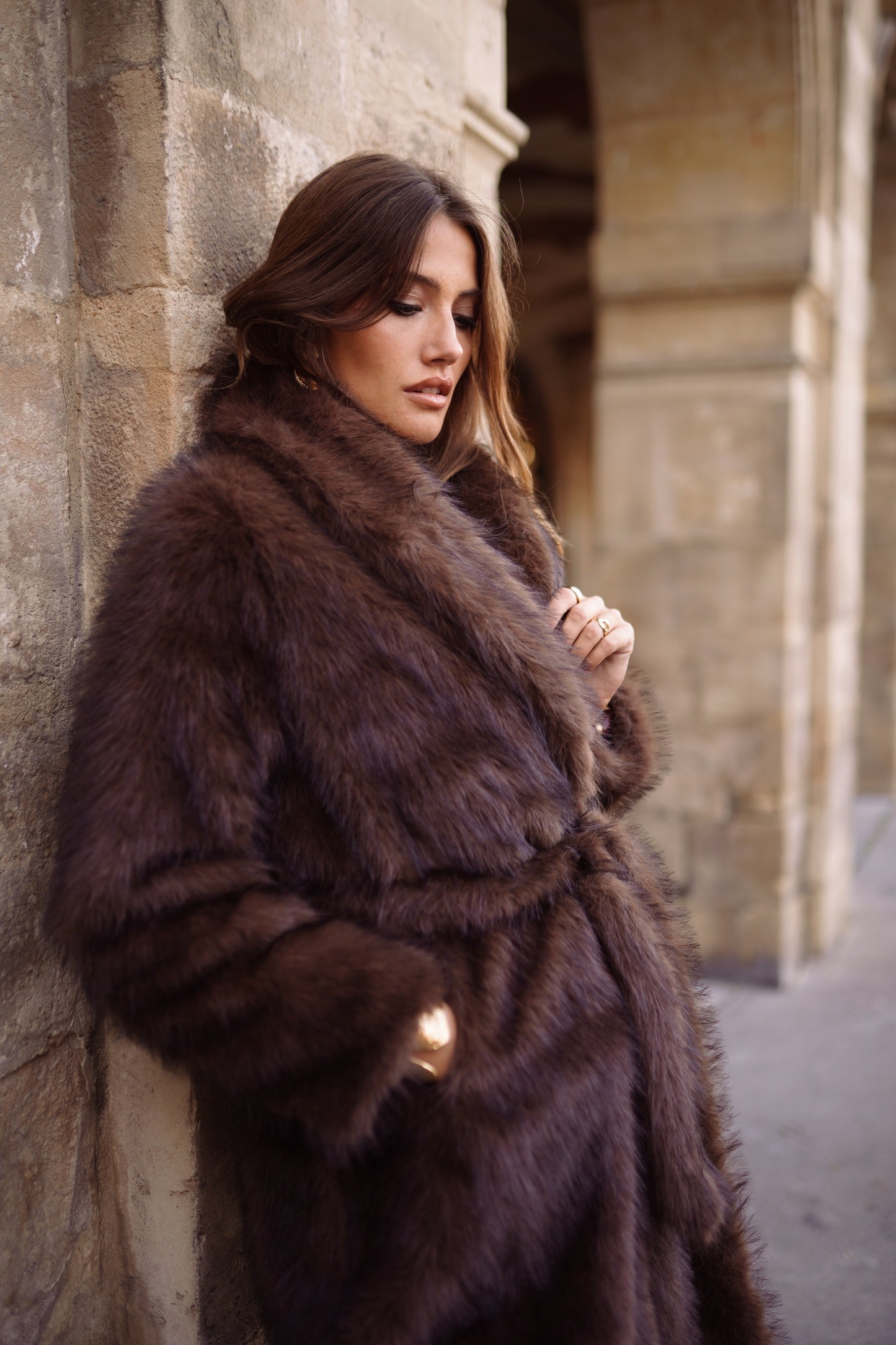 Freya long brown faux fur coat