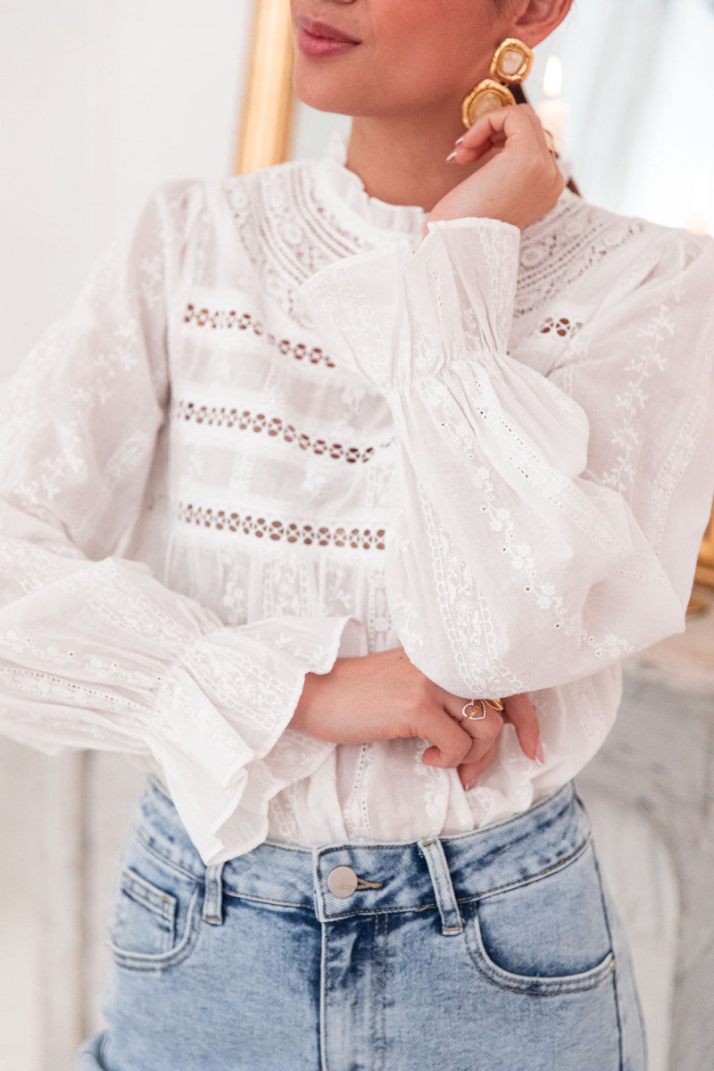 Maude ecru high neck embroidery boho blouse