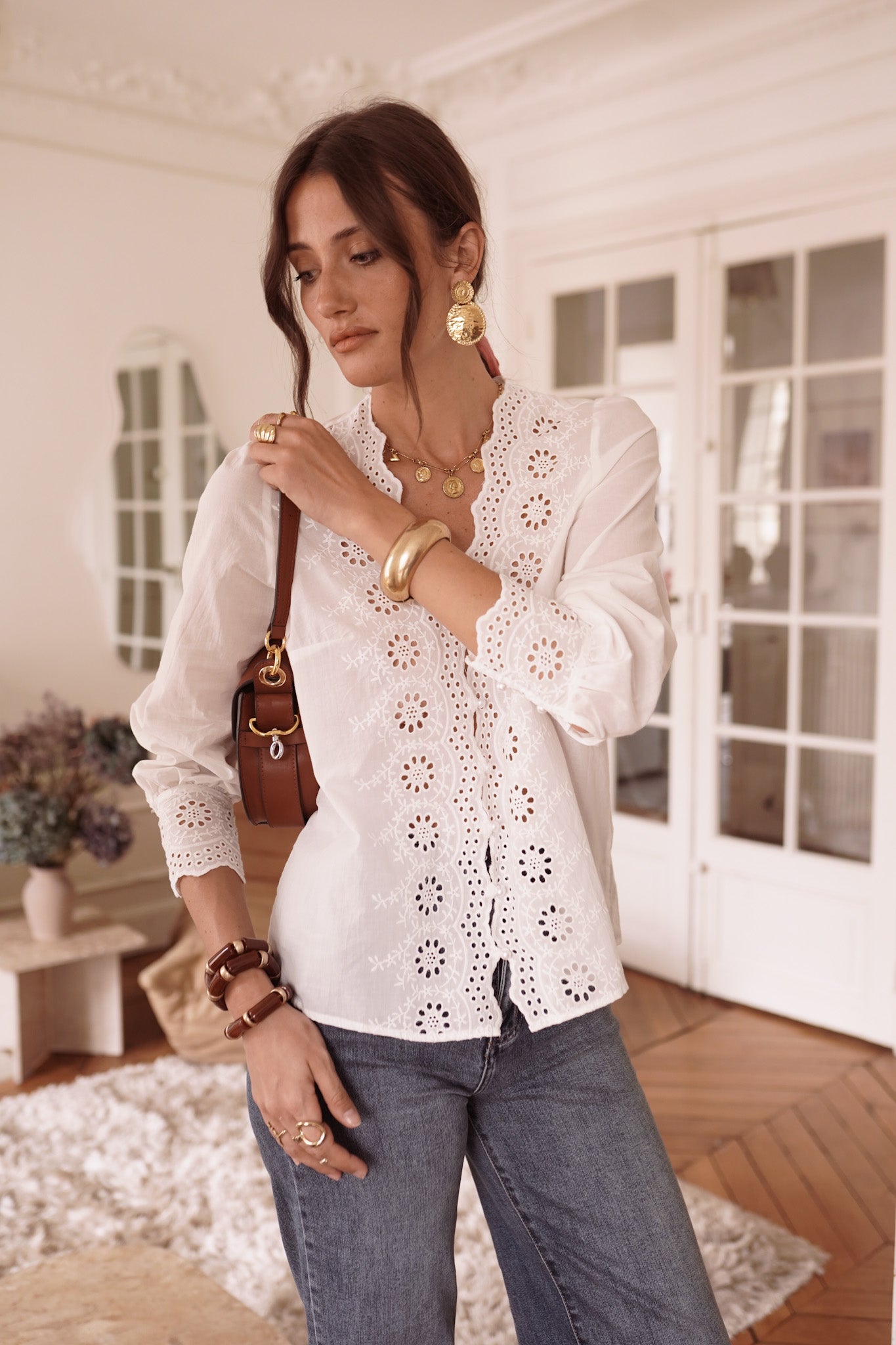 Celeste white lace blouse pearl buttons