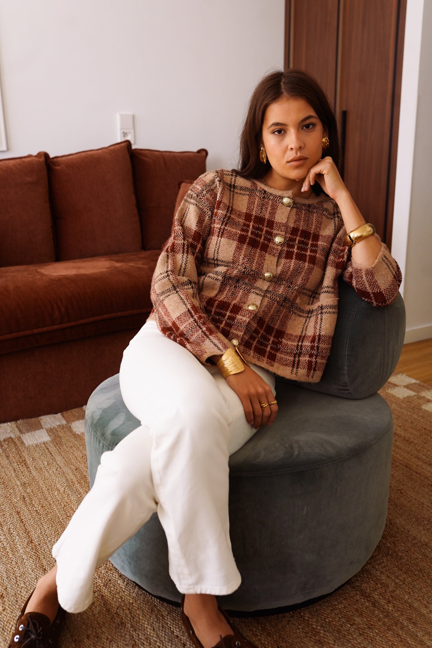 Chloe tartan check print cardigan with gold buttons