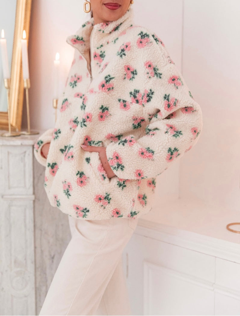 Fern pink floral Sherpa half zip fleece