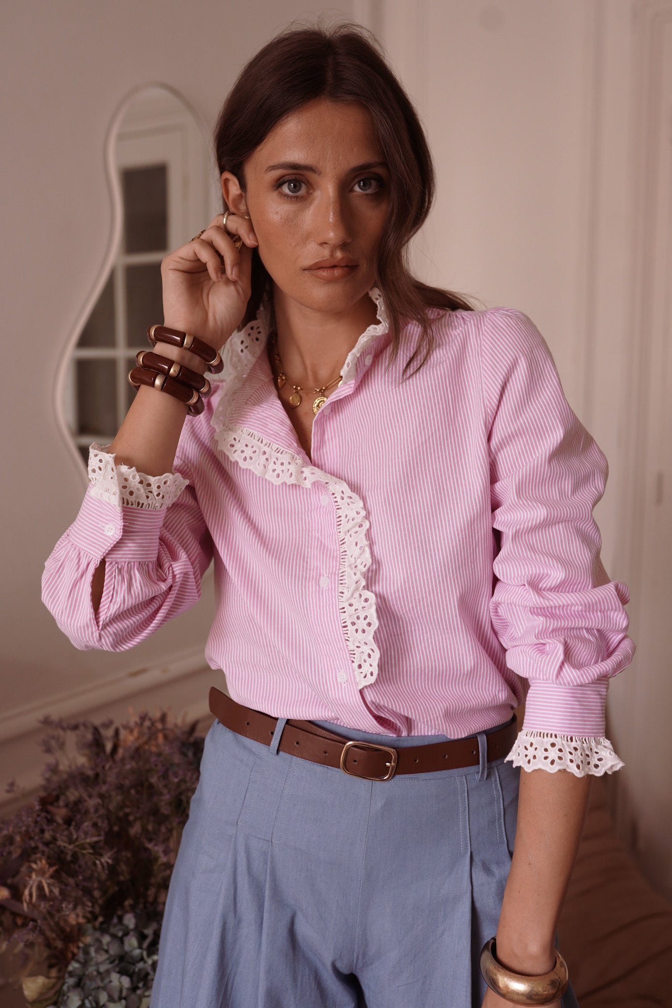 Margot pink stripe lace ruffle blouse