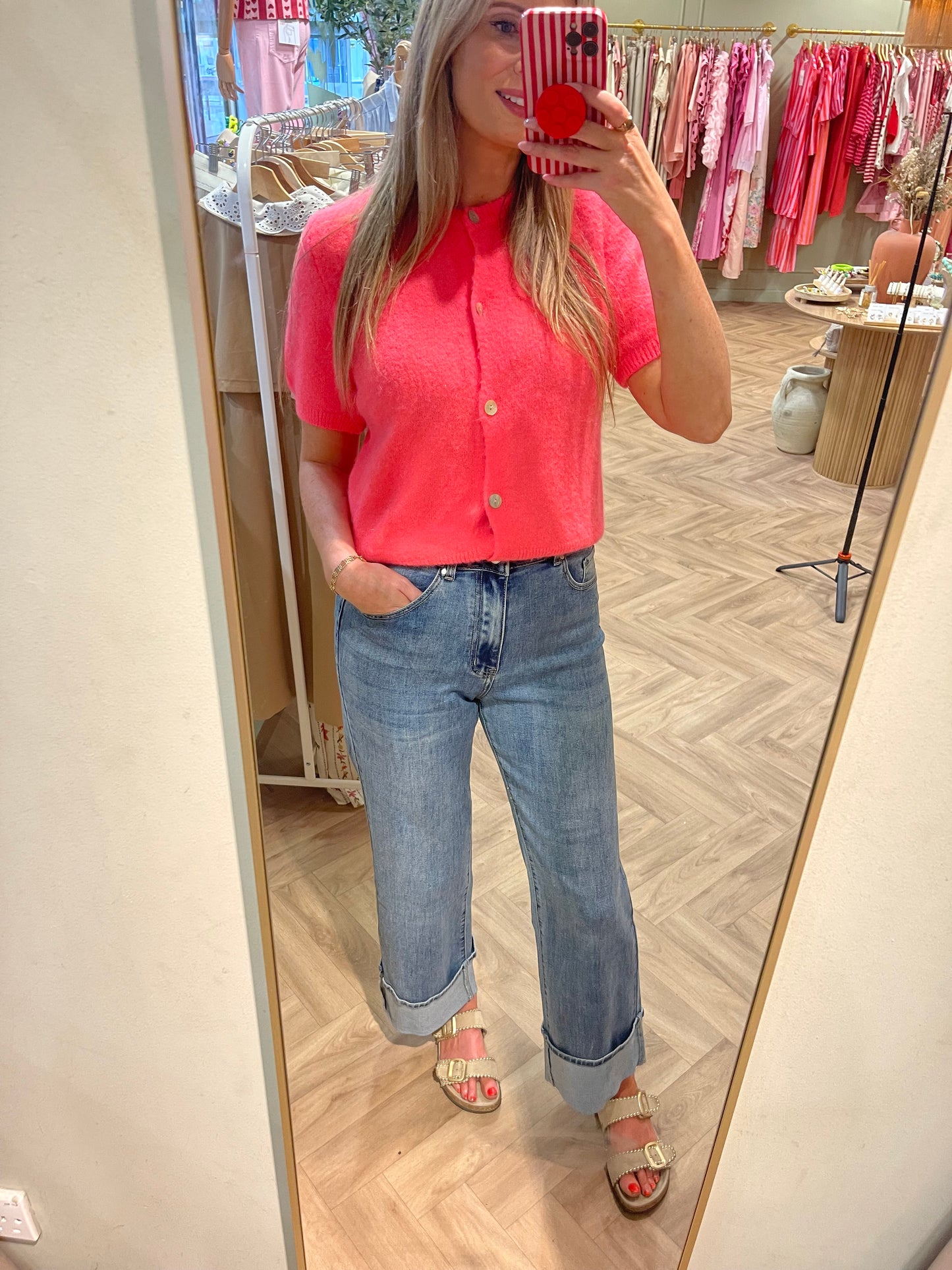 Lottie neon coral short sleeve alpaca cardigan
