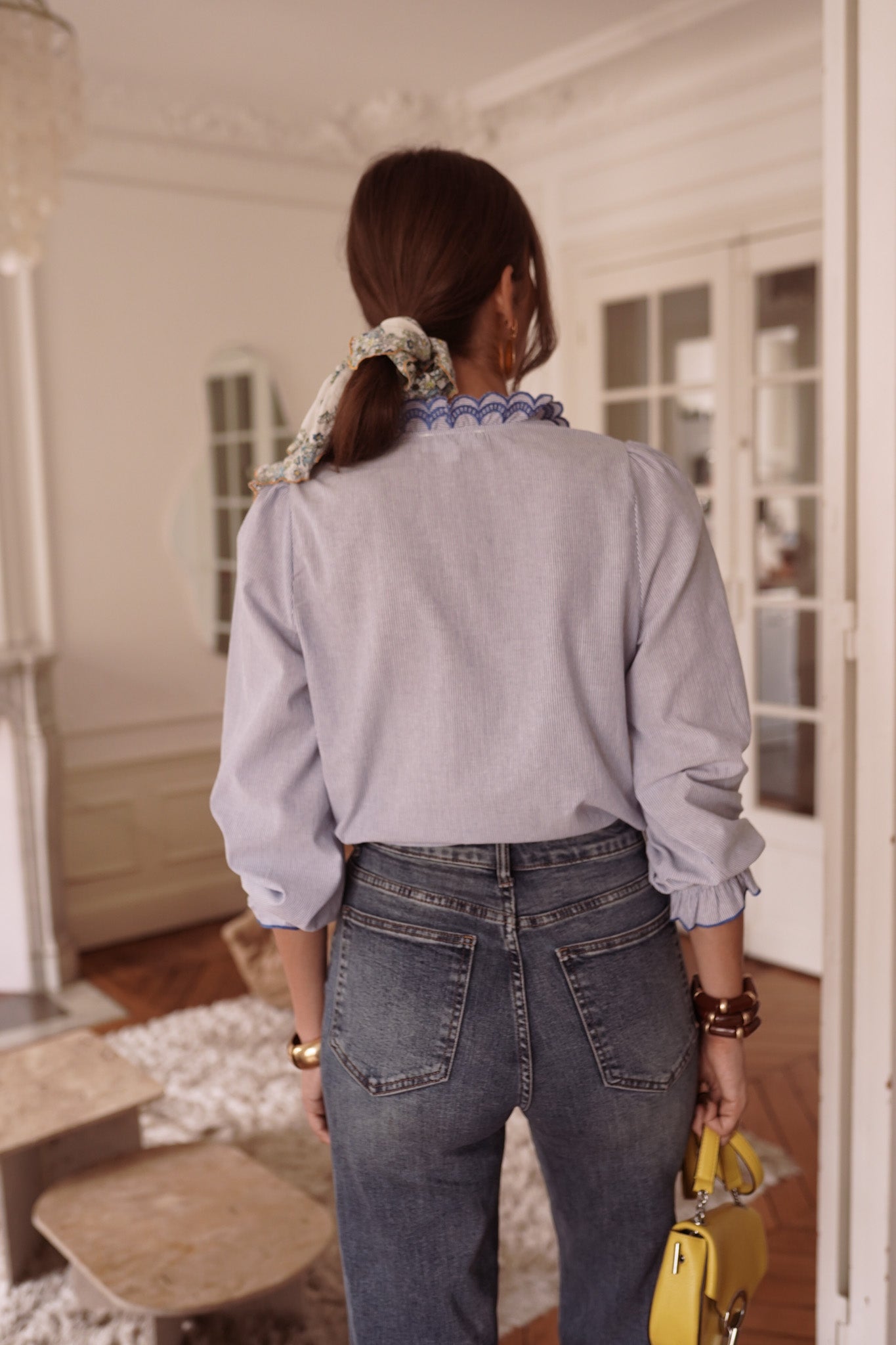 Ella blue stripe ruffle blouse