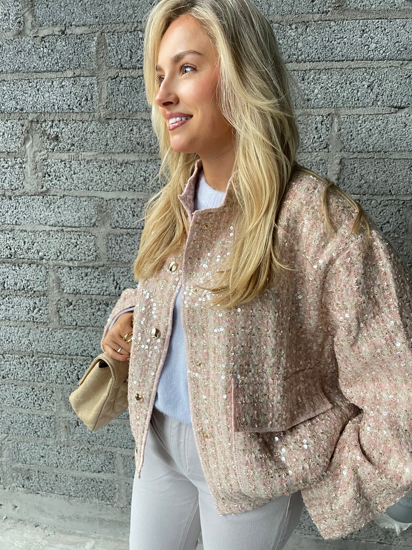 Olivia pink tweed sequin bomber