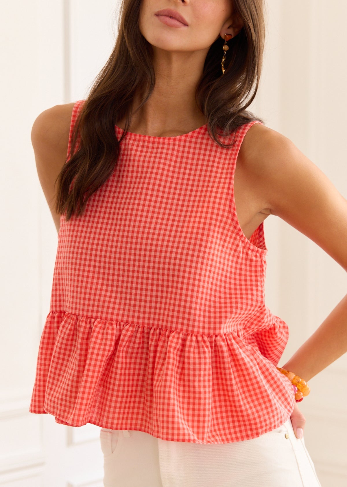 Cassandra coral gingham ruffle top