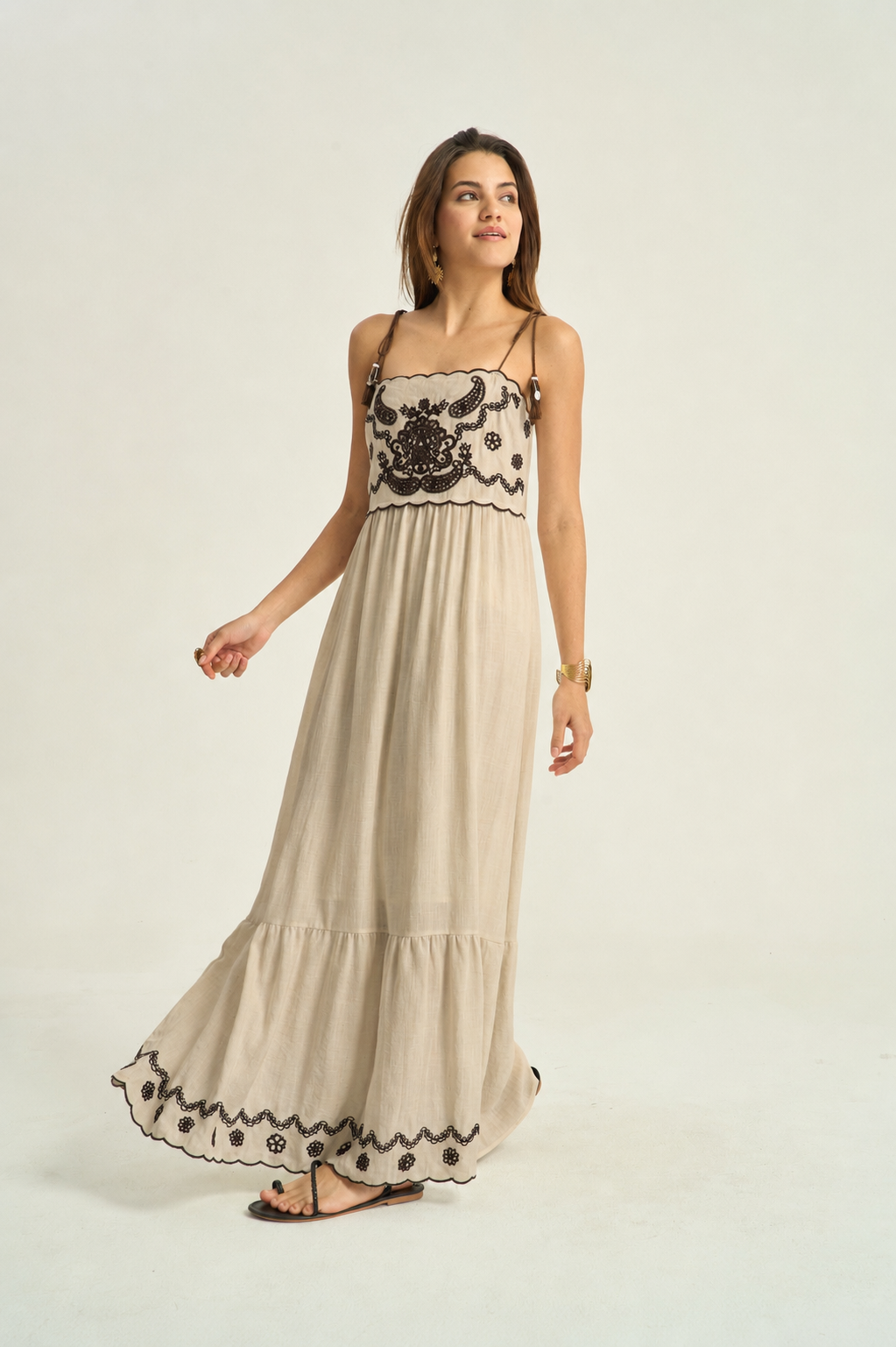 Ivy beige linen embroidered long summer dress