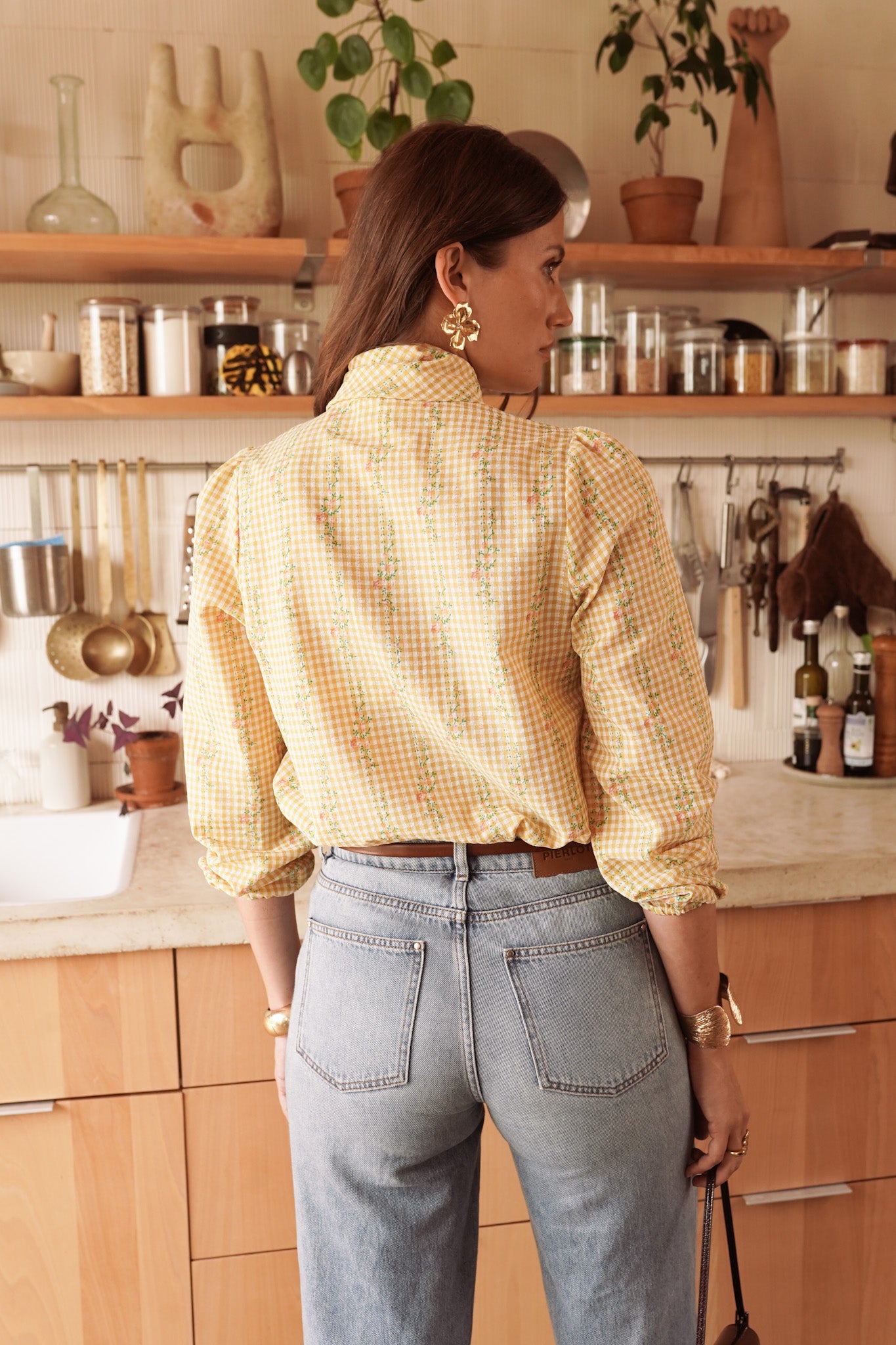 Maisie yellow bow tie gingham blouse