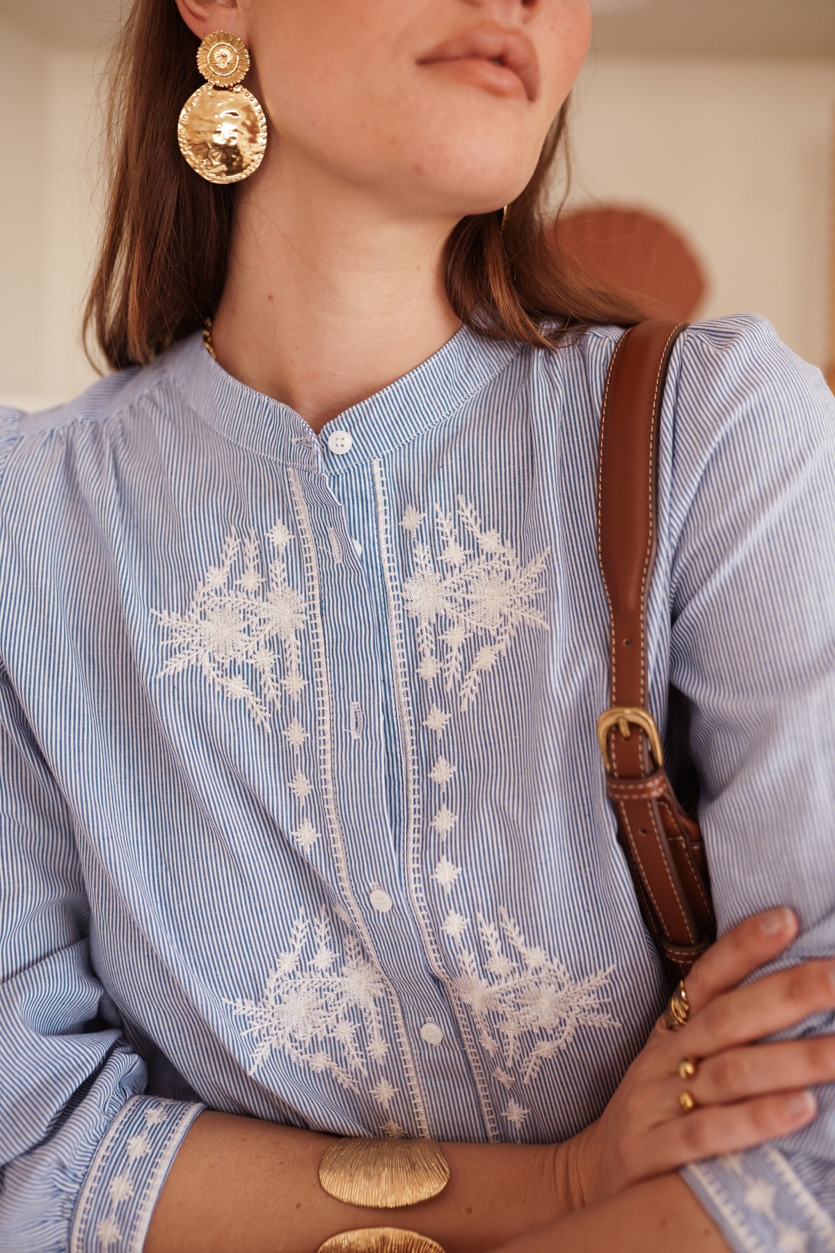 Tara blue striped embroidered blouse