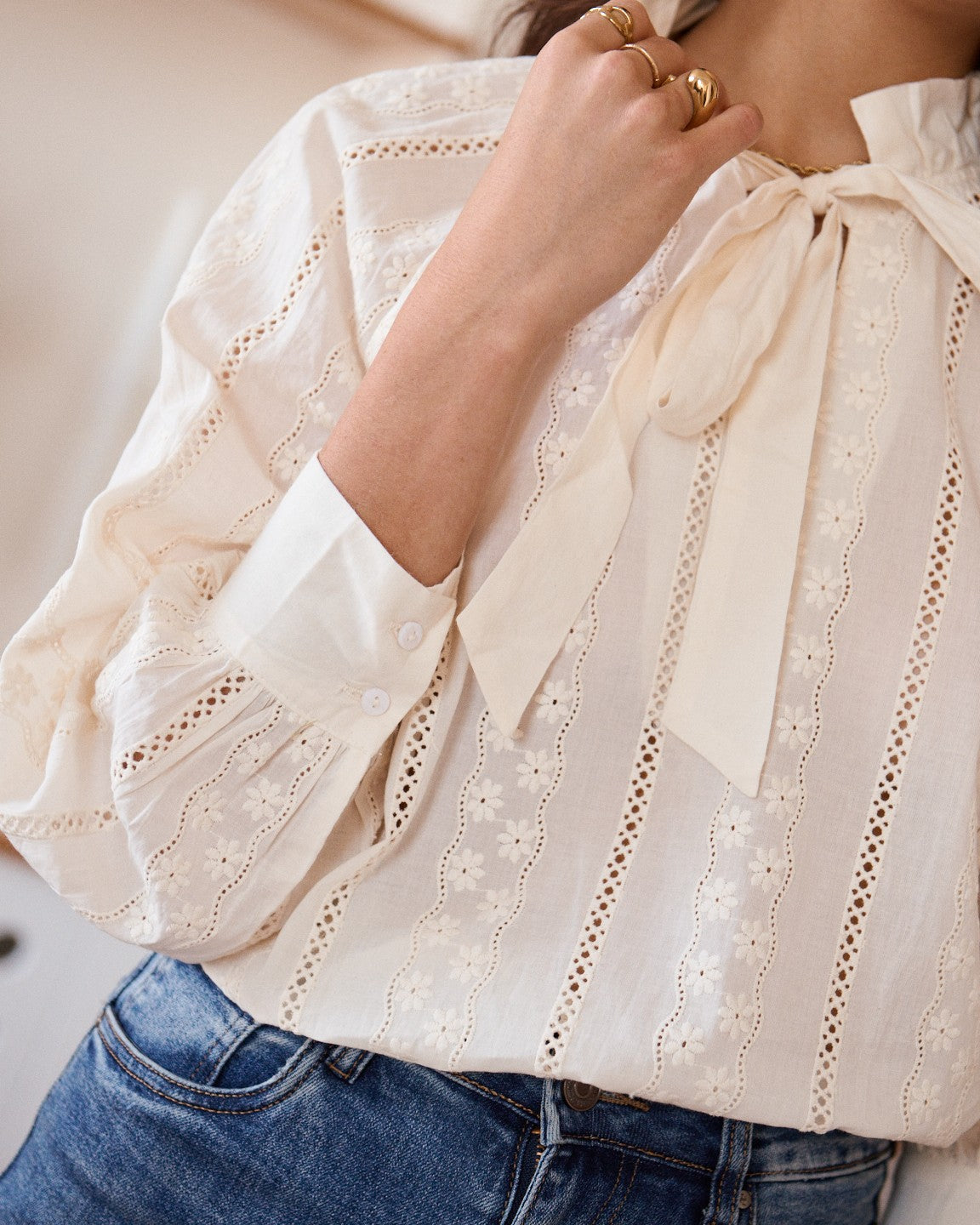 Amelia beige embroidered bow blouse