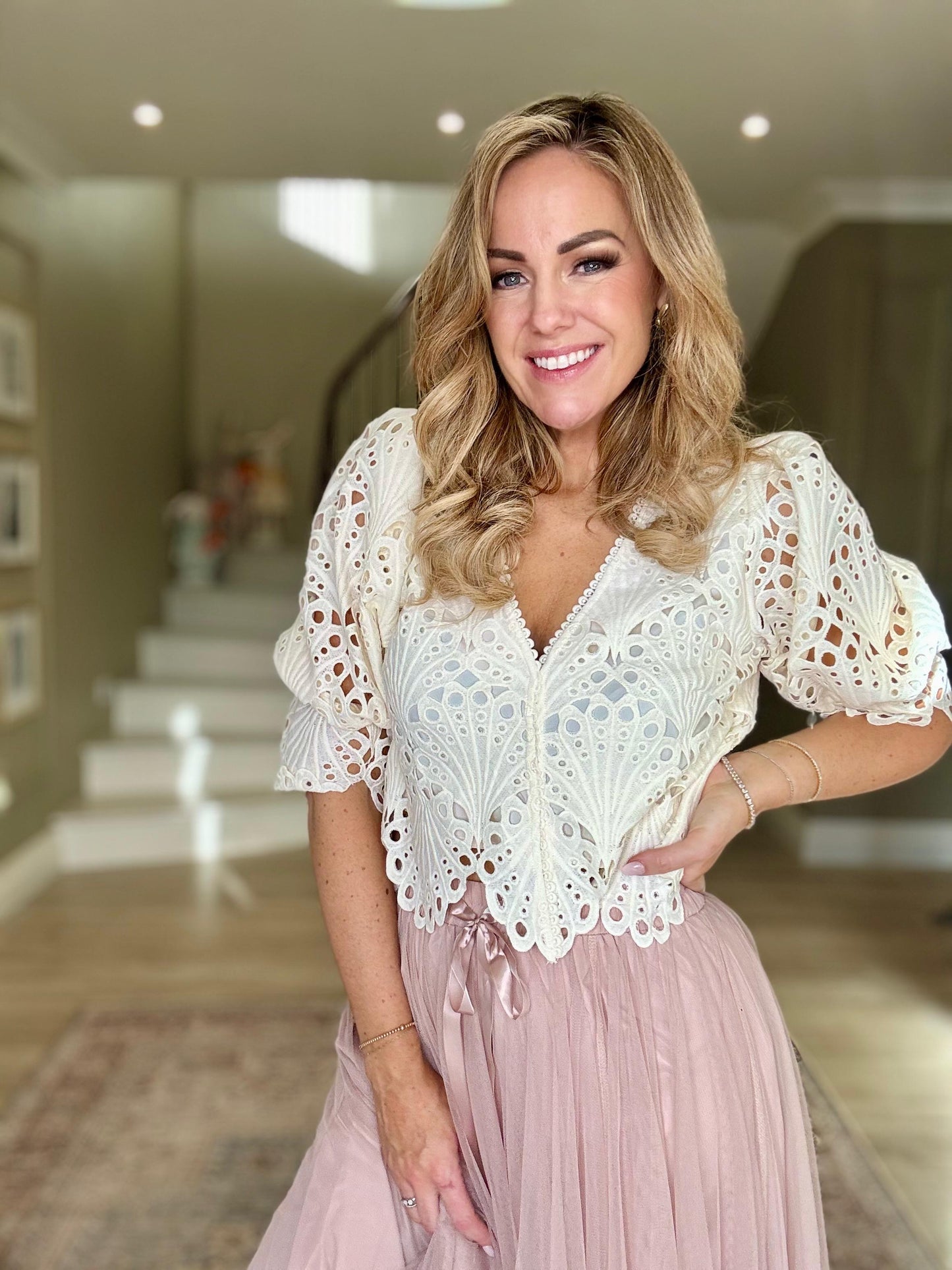 Preorder Harlow off white lace puff sleeve top