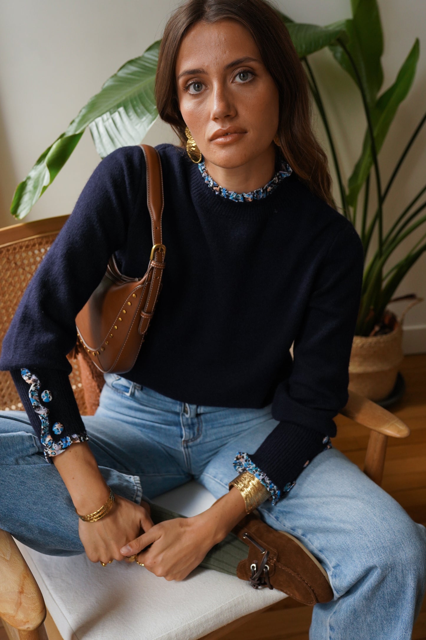 Kim navy jumper with floral trim