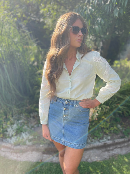 Mint linen embroidered lace blouse