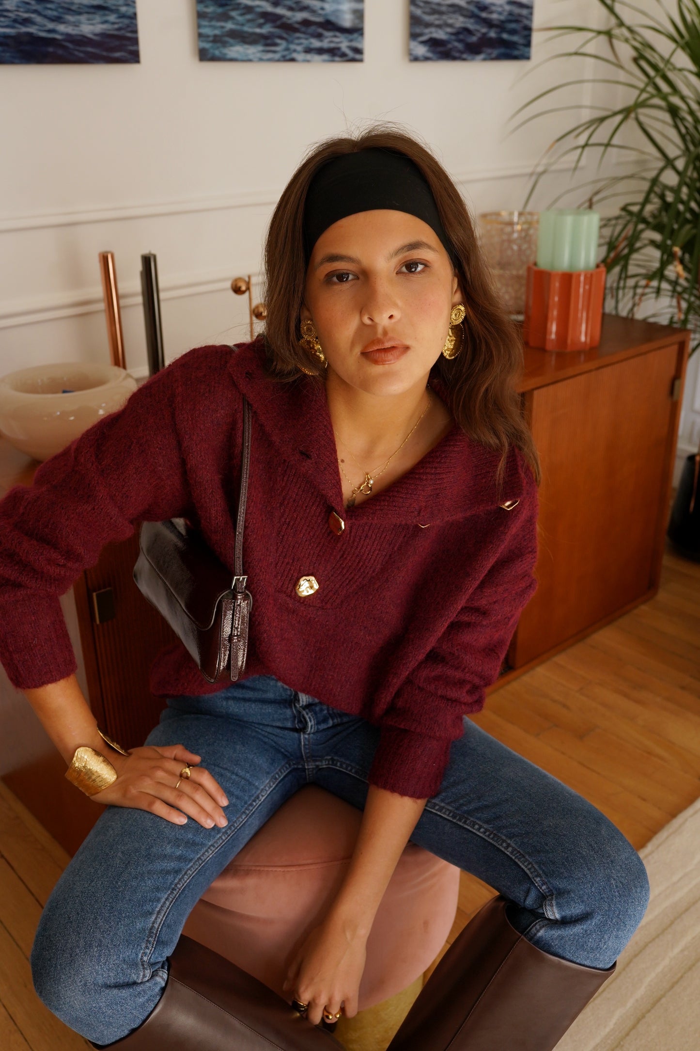 Amelia burgundy gold button polo neck jumper