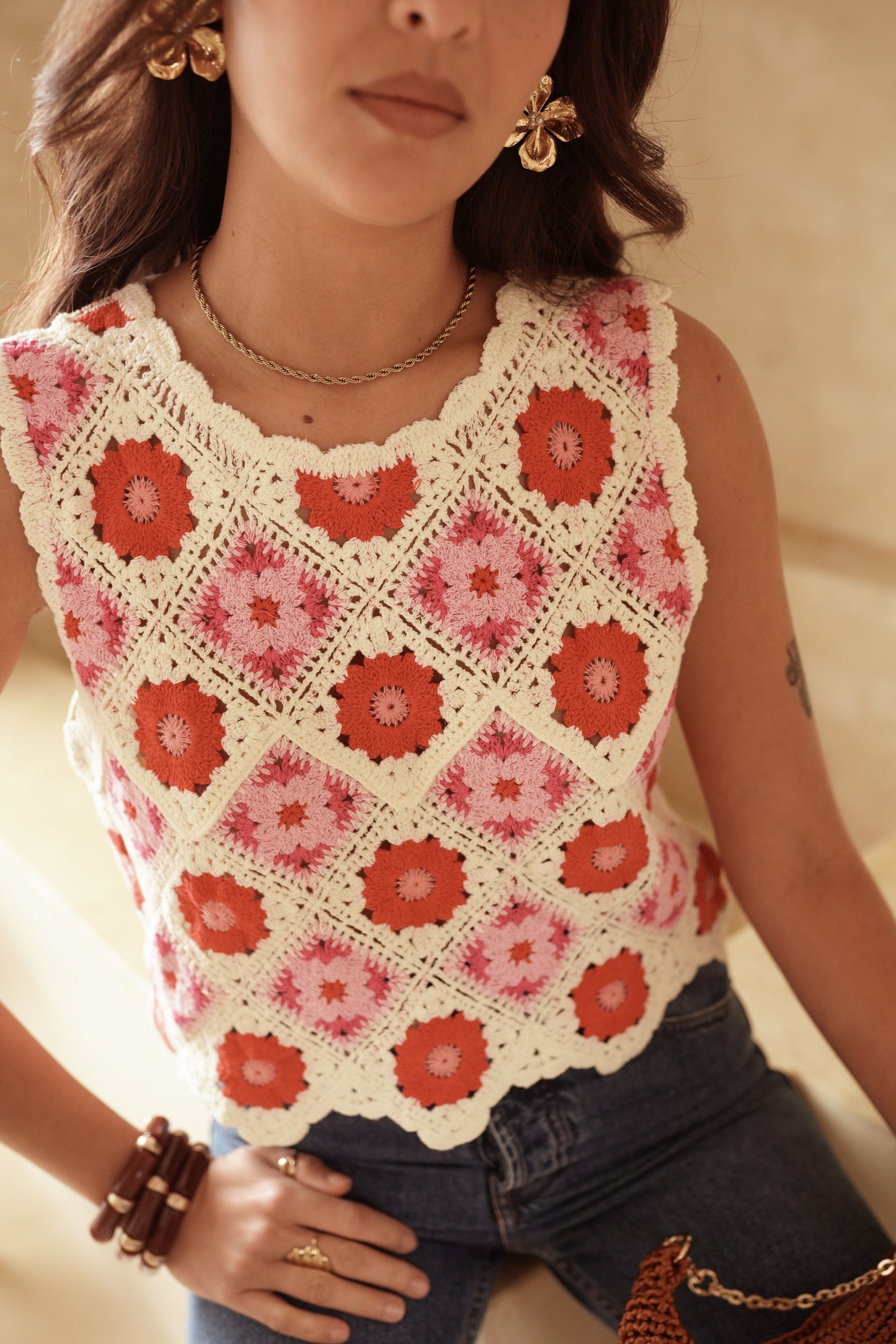 Cleo pink and red crochet cropped top