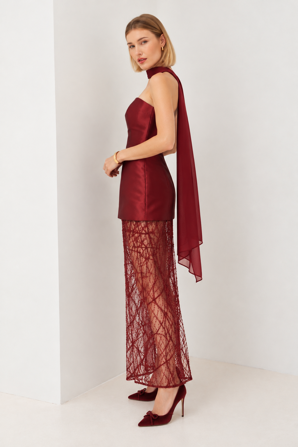 Caoimhe burgundy strapless dress sequin skirt