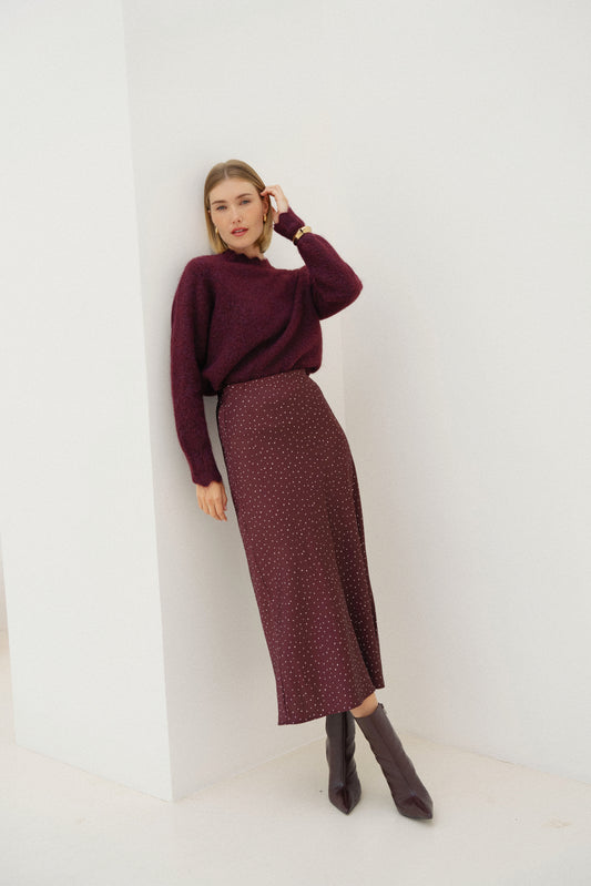 Maria burgundy polka dot satin skirt