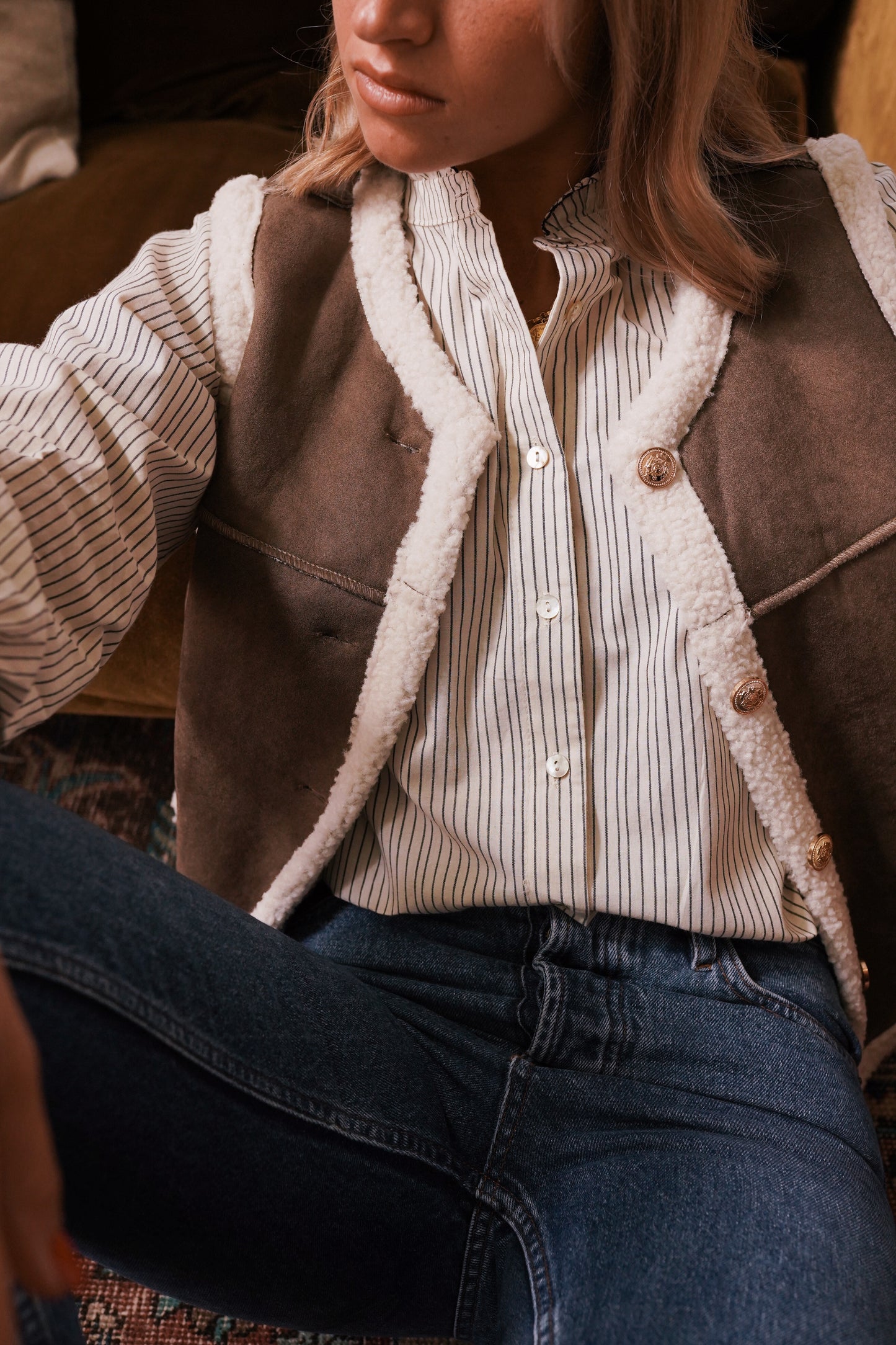 Dotty shearling trim gold button gilet