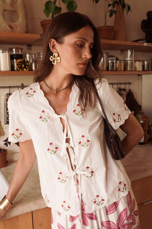 Lena floral tie front white blouse