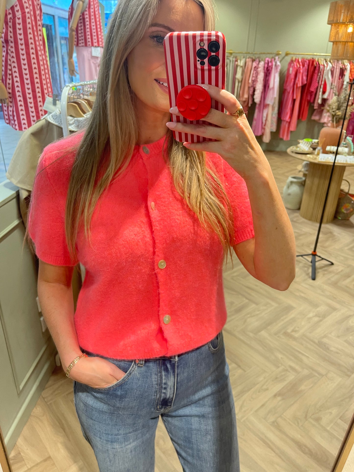 Lottie neon coral short sleeve alpaca cardigan