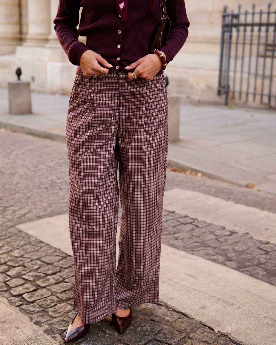 Paula burgundy check print trousers