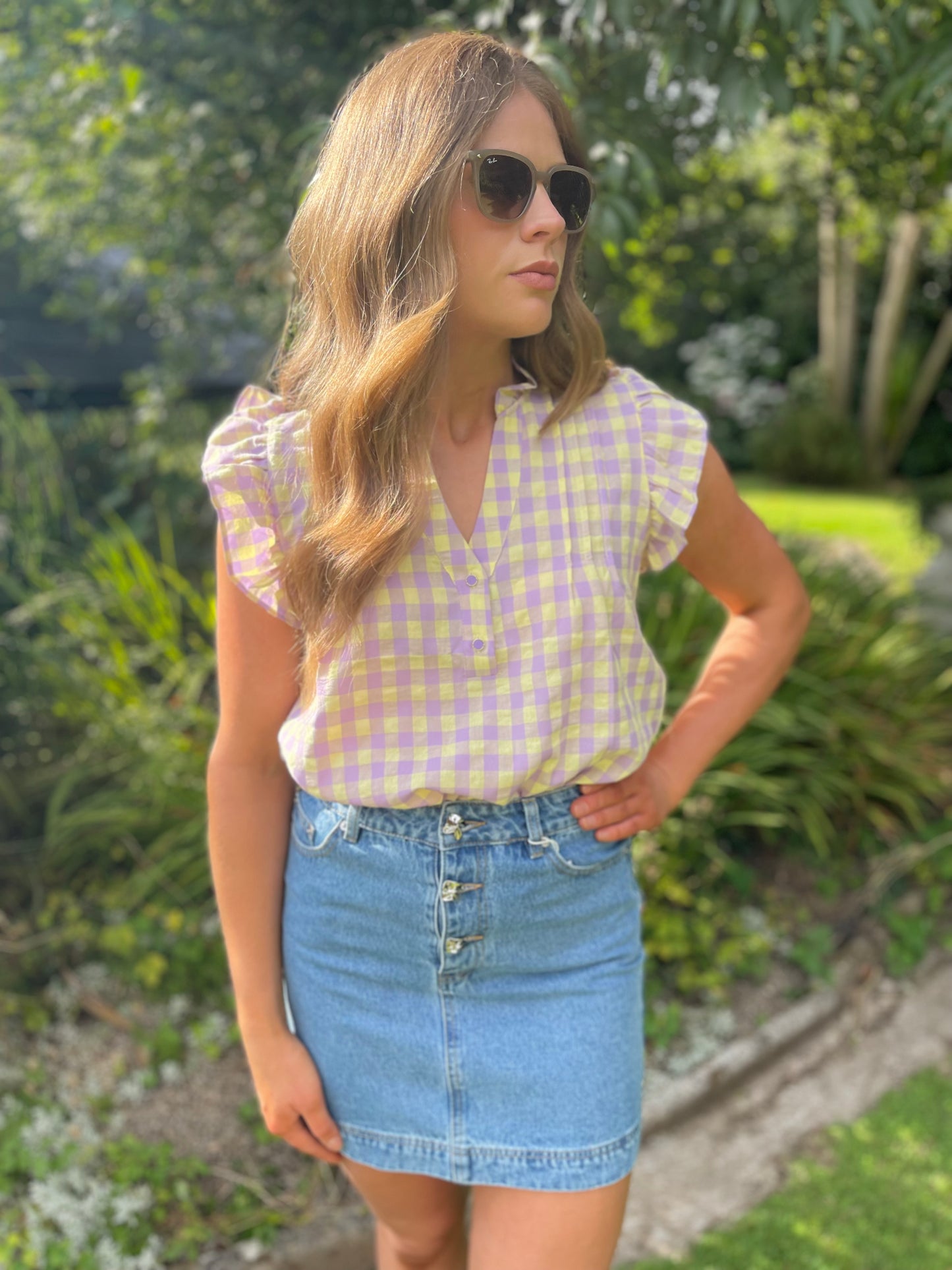 June gingham chequered purple top