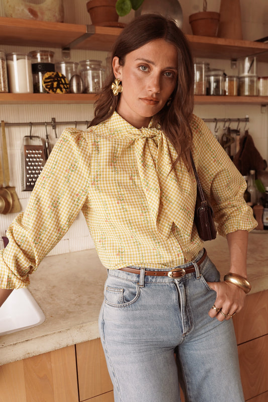 Maisie yellow bow tie gingham blouse