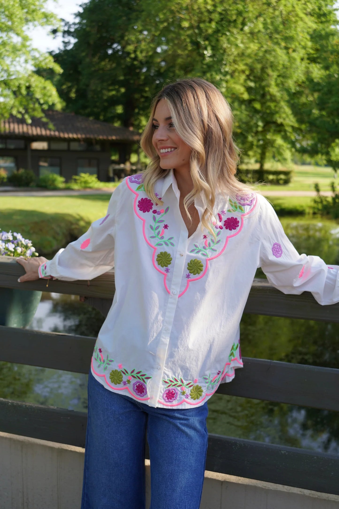 Kylie neon embroidered white shirt
