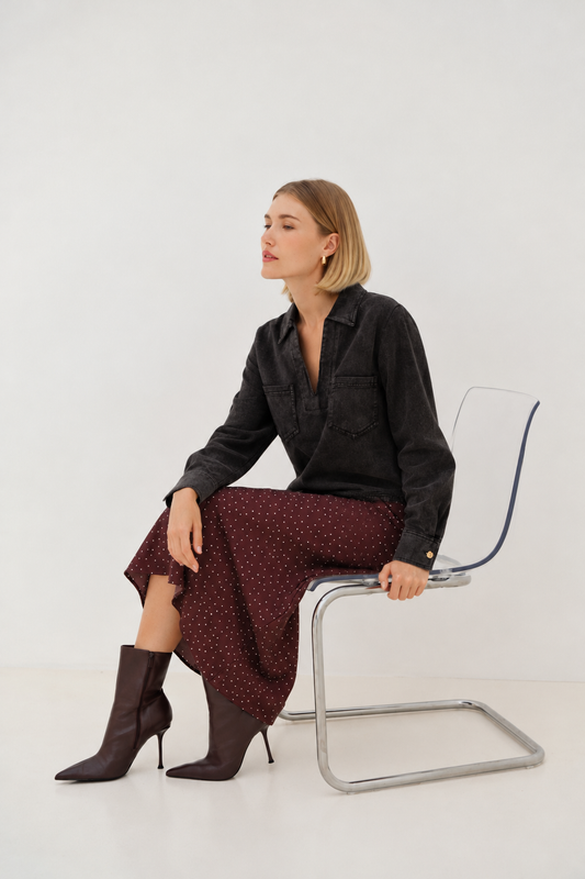Ana black wash denim shirt with gold buttons