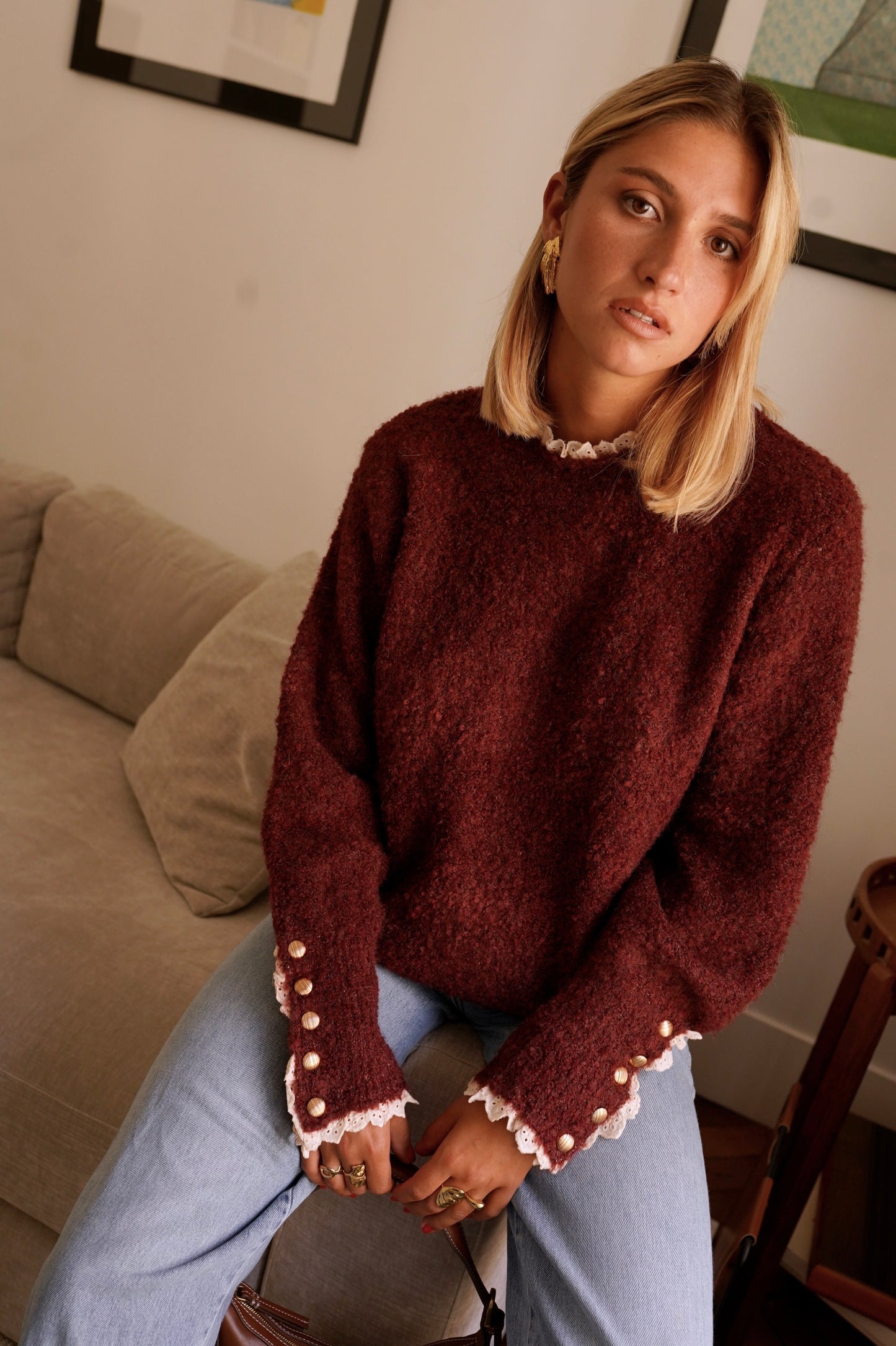 Elina burgundy jumper with built in shirt