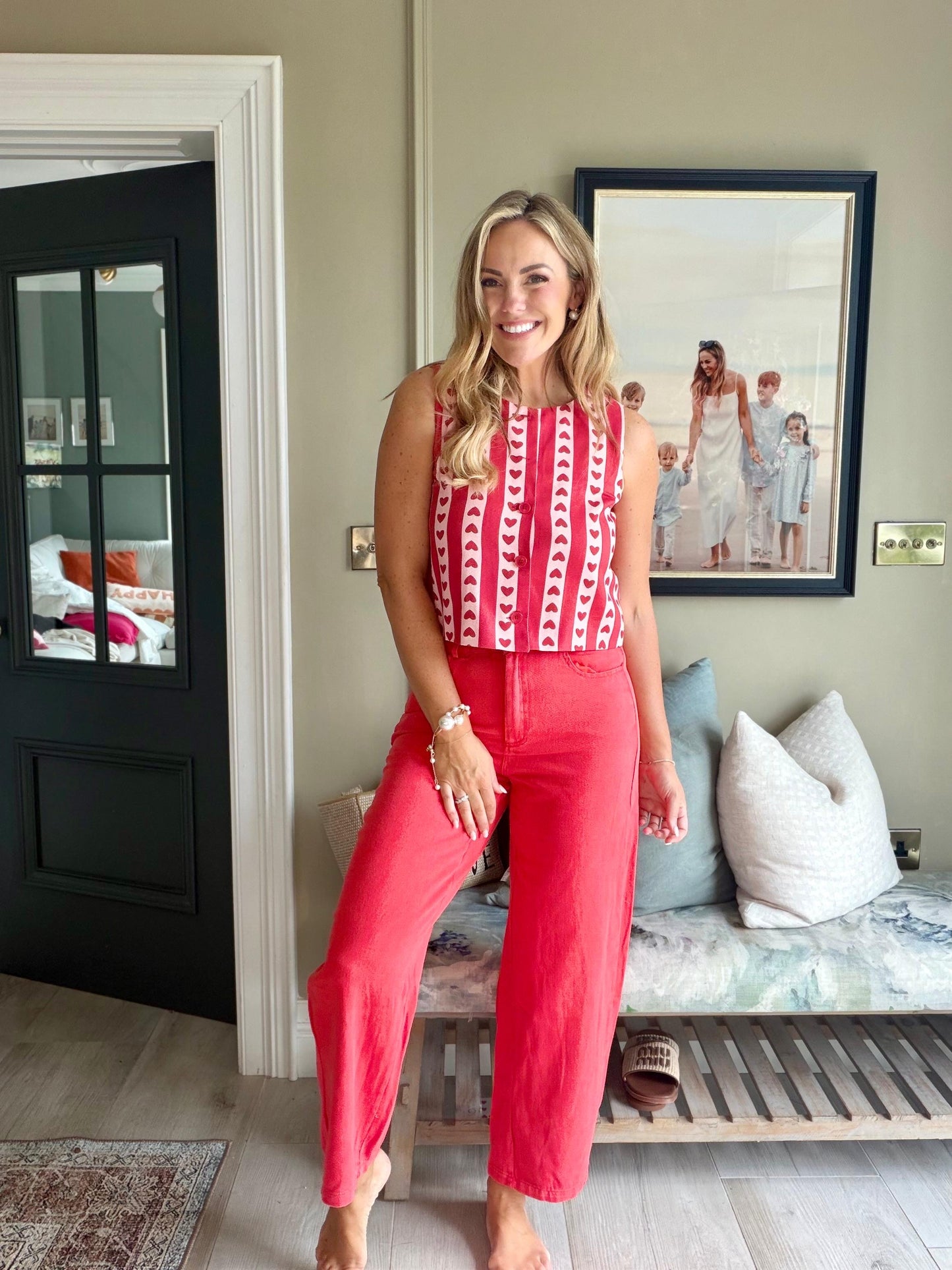 Maggie pink heart print red denim top