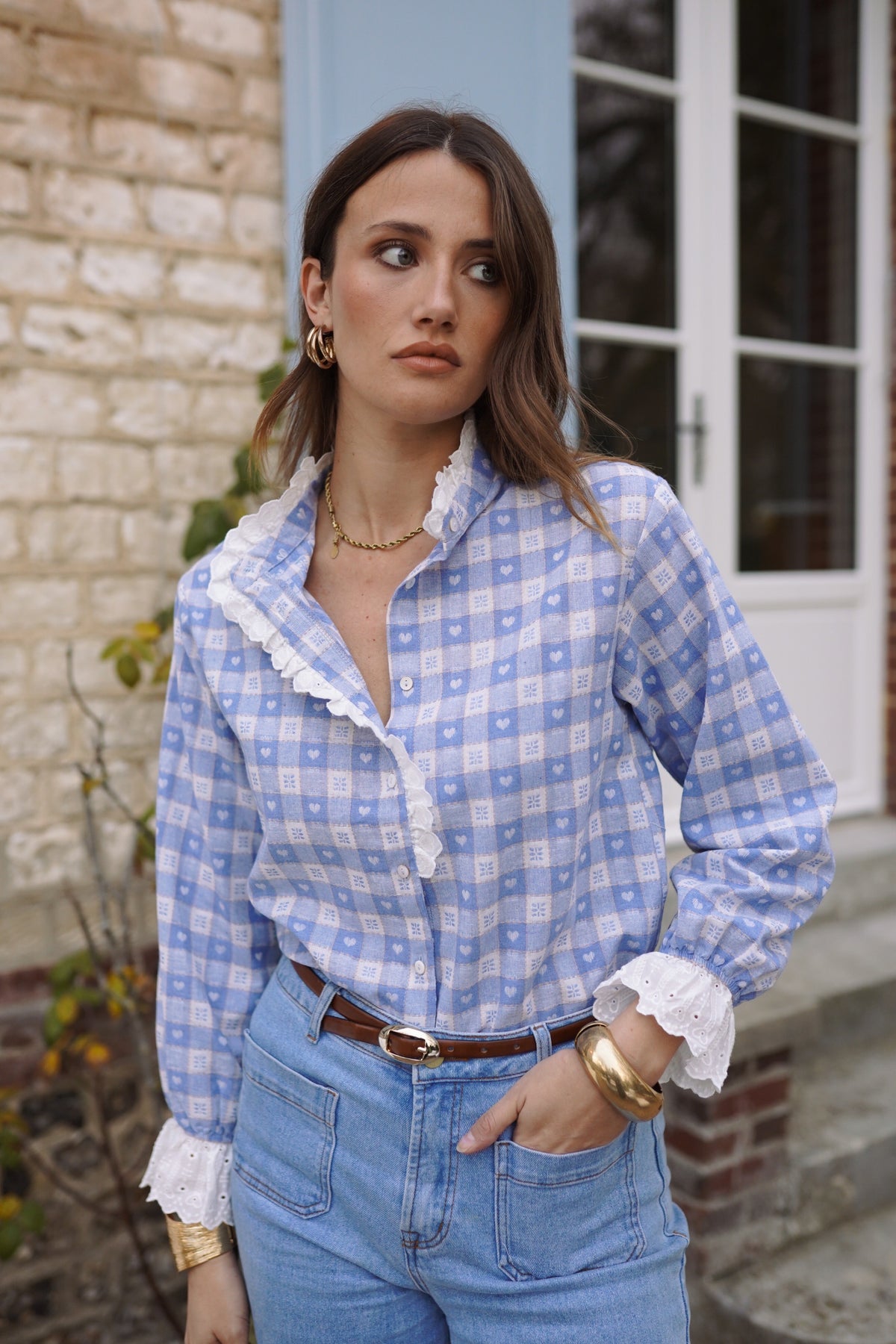 Naomi blue check heart print blouse