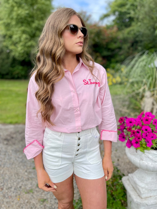St Tropez pink cotton shirt with red stitching