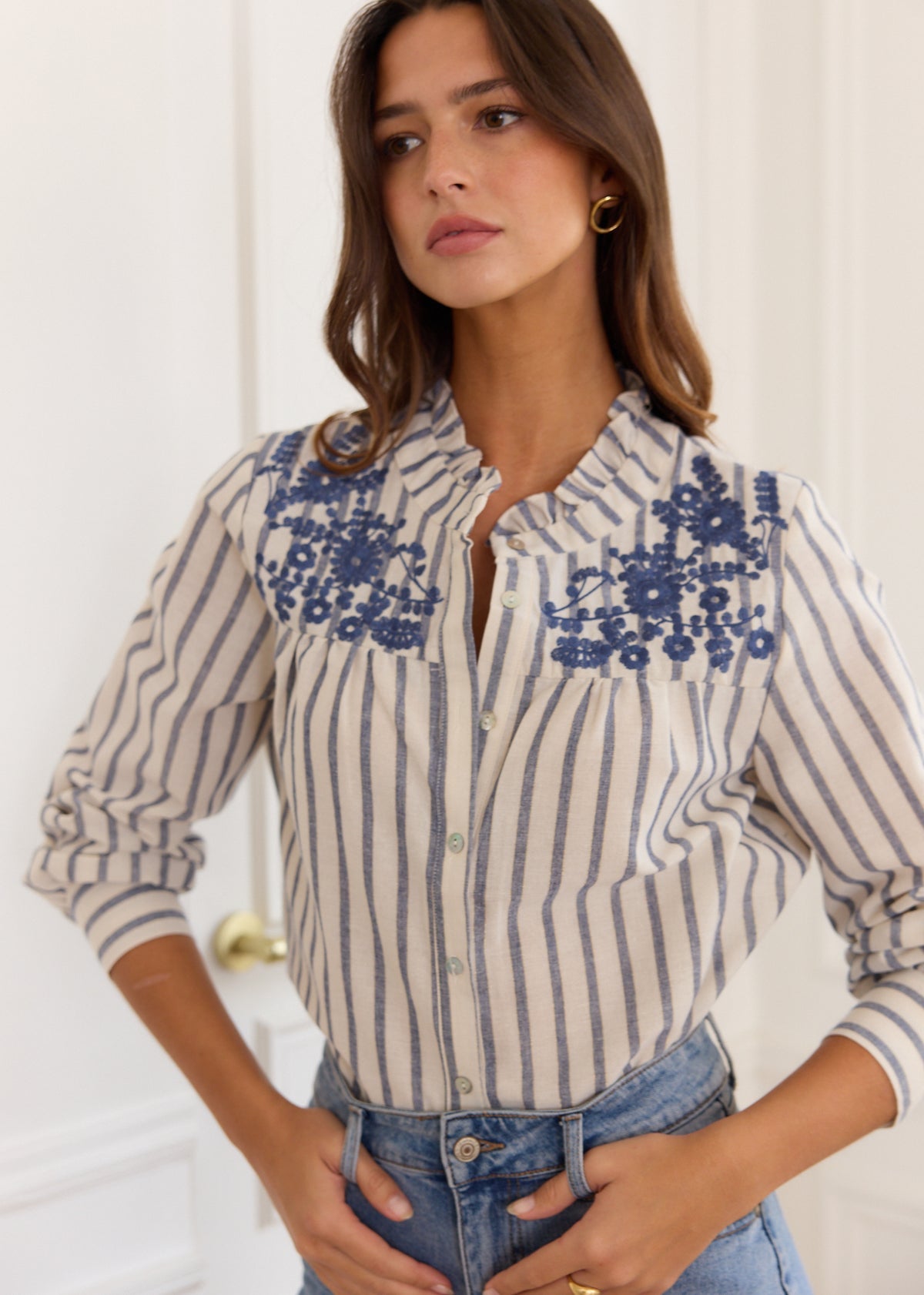 Victoria blue striped embroidered shirt