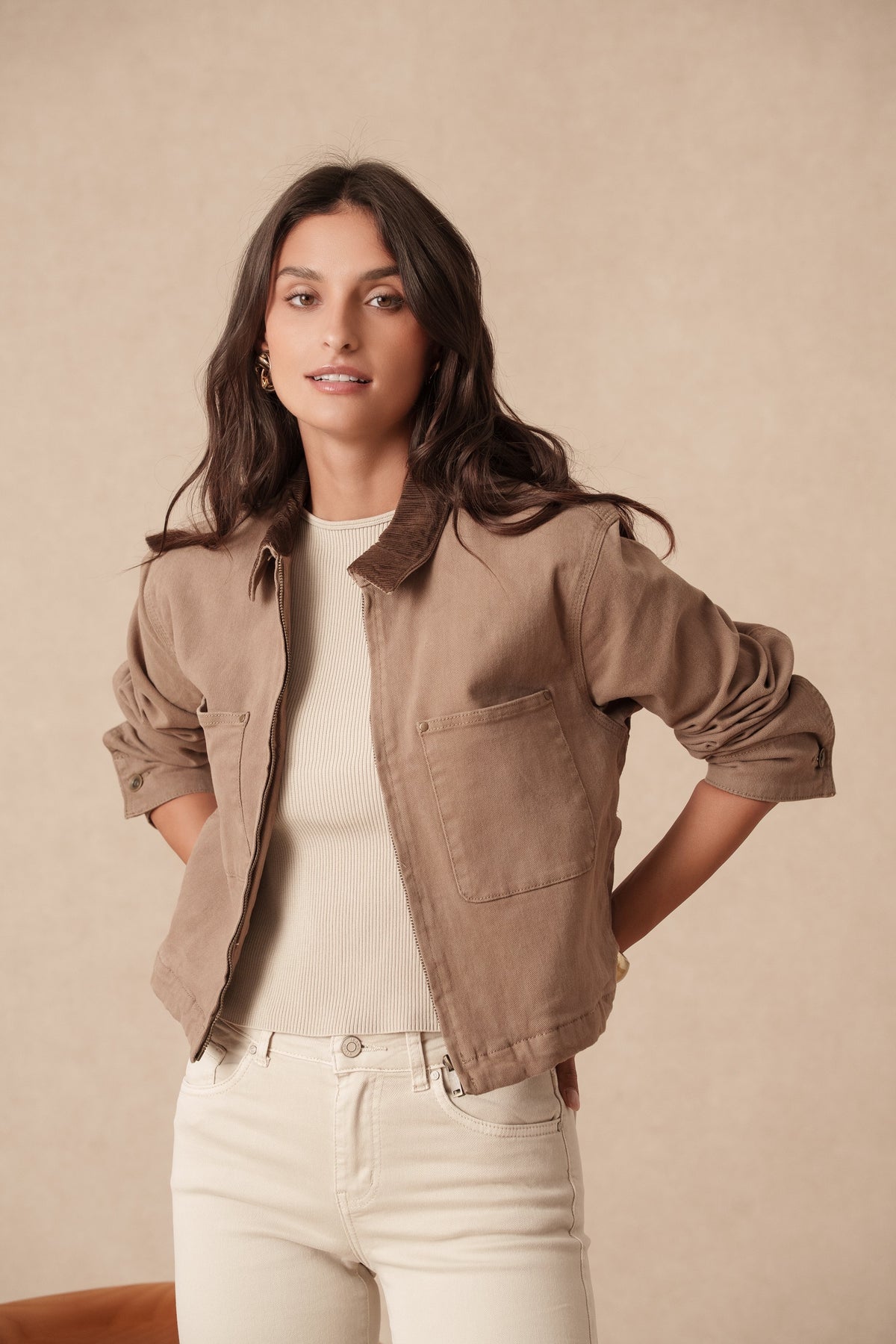 Maria cropped camel utility barn jacket