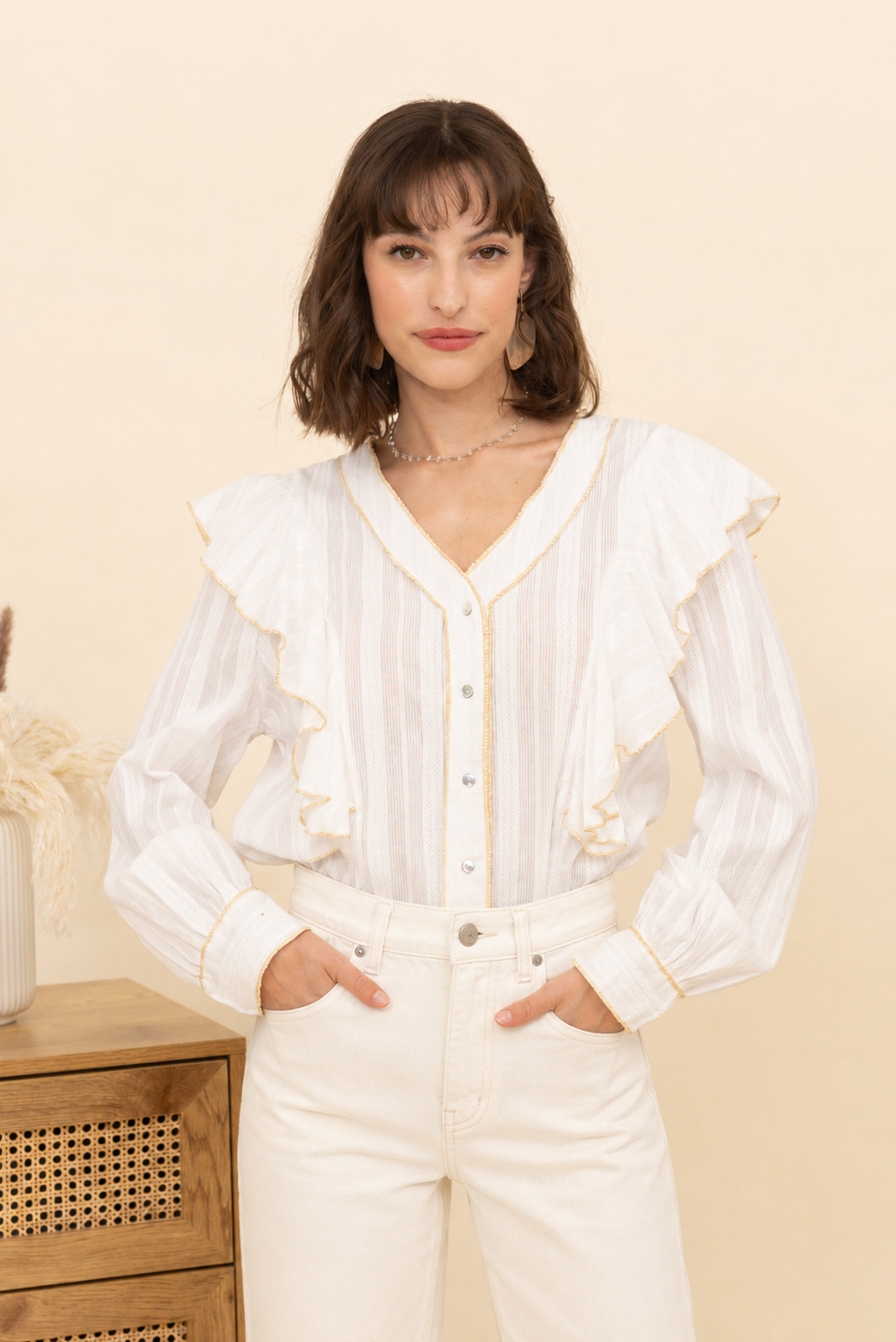 Hazel gold trim white ruffle blouse