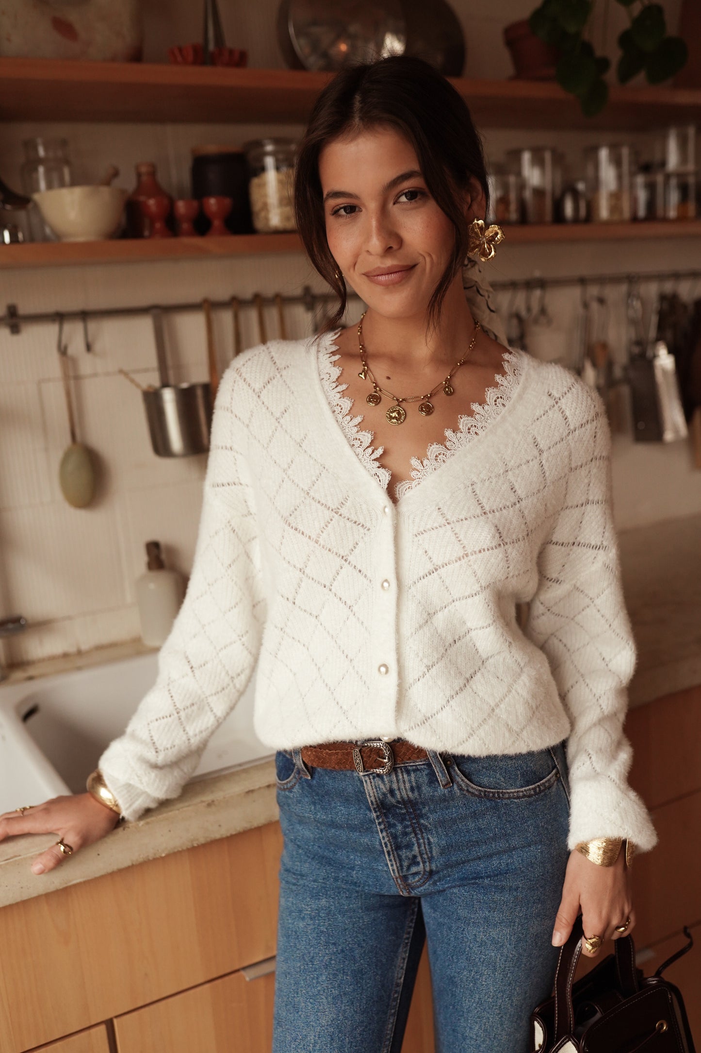 Nola Ivory lace trim v neck jumper