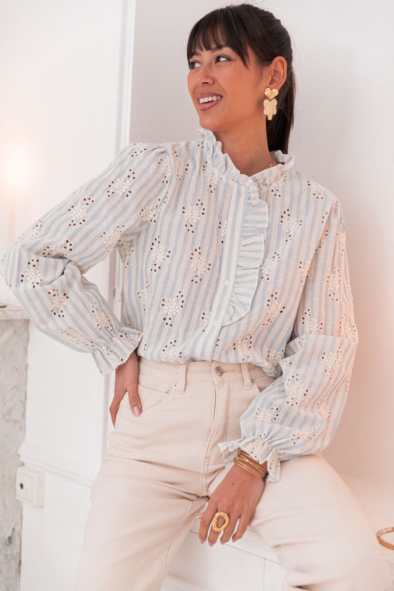 Sandra blue embroidered lace blouse
