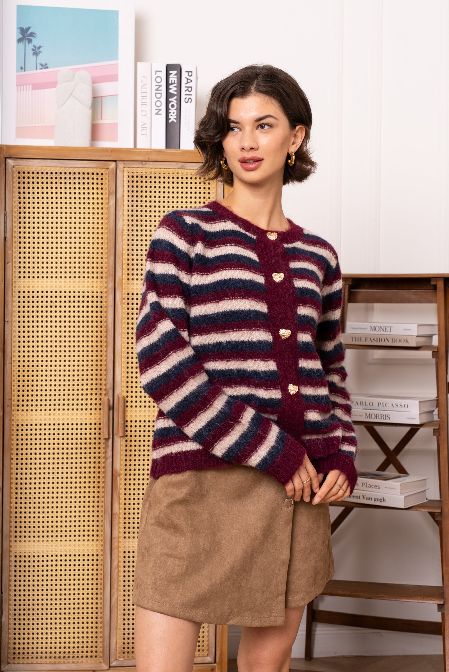 Eve gold heart button striped cardigan