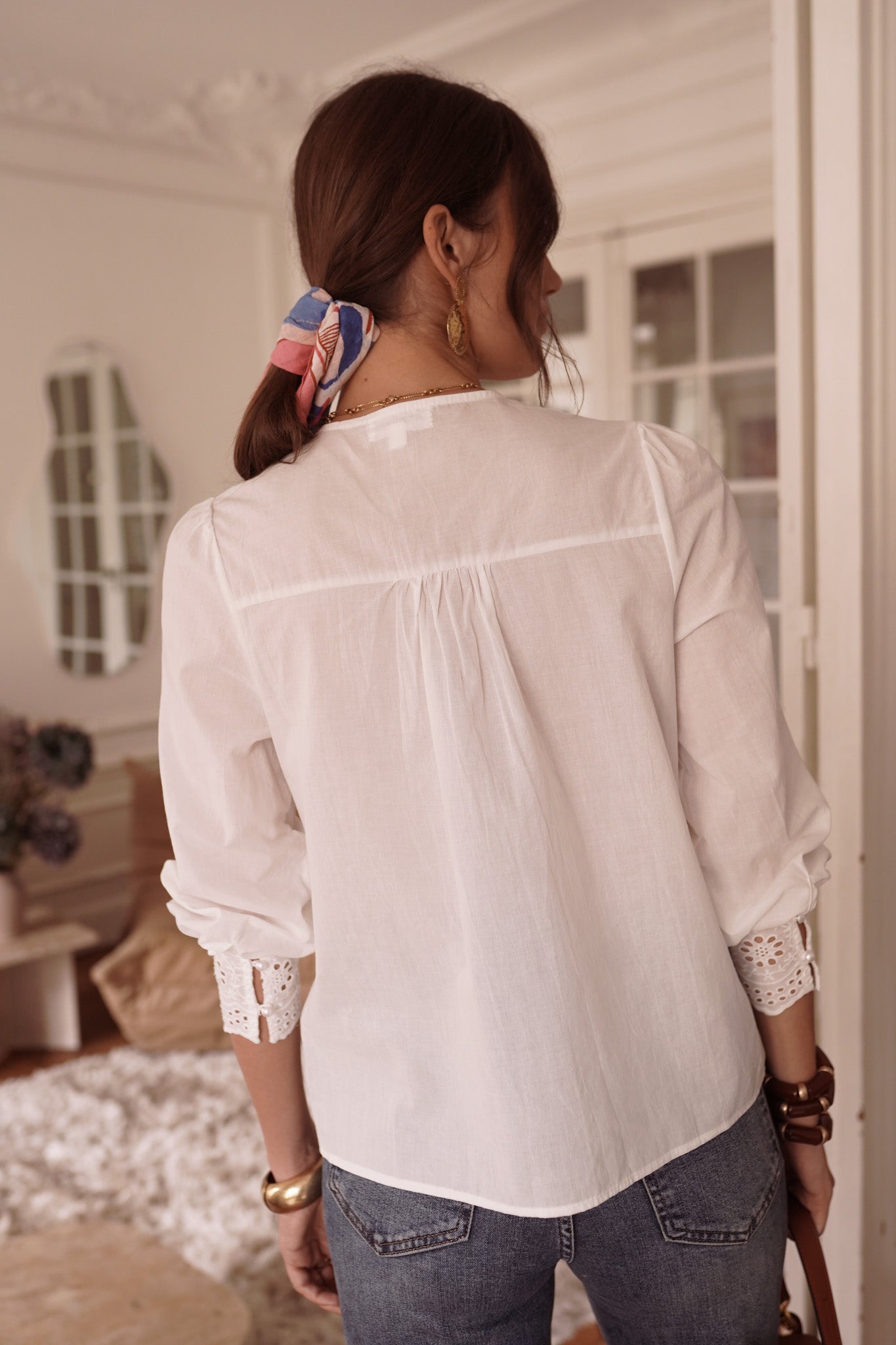 Celeste white lace blouse pearl buttons