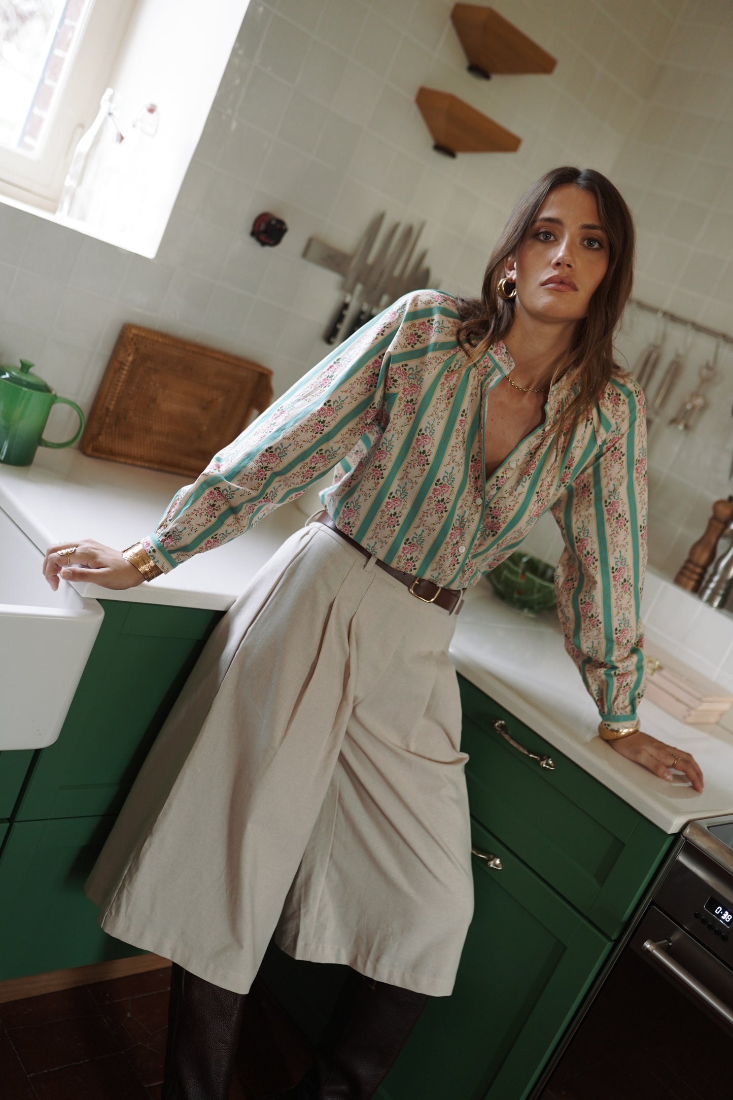 Zoe green stripe floral boho blouse