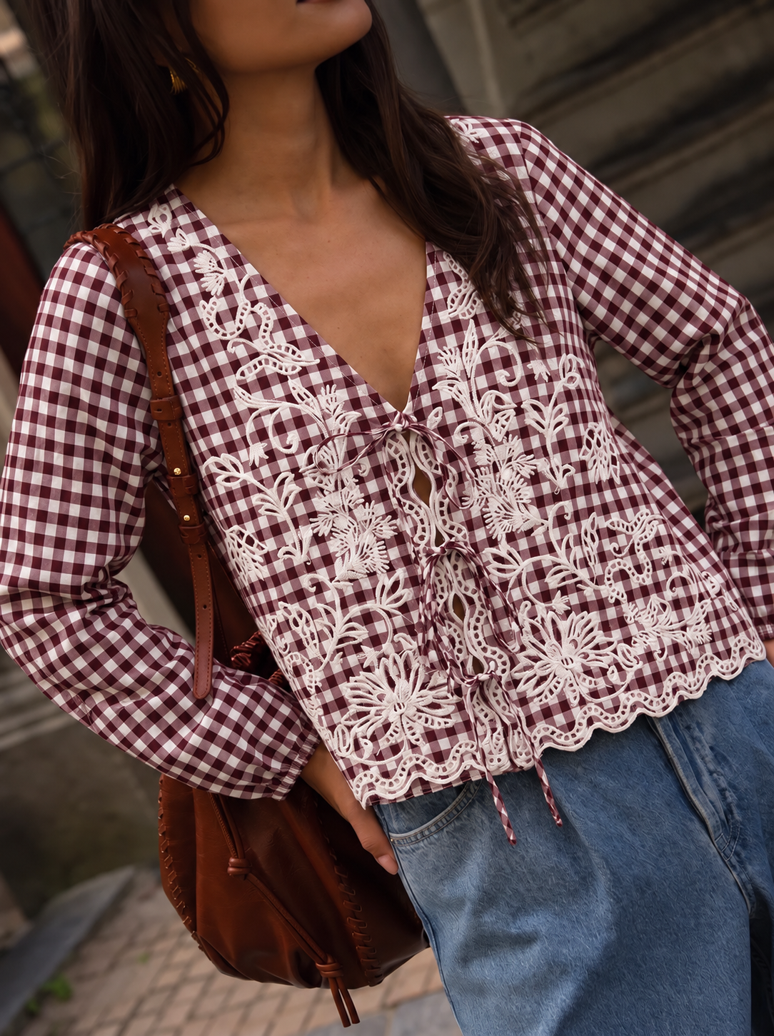 Rachel burgundy gingham tie blouse