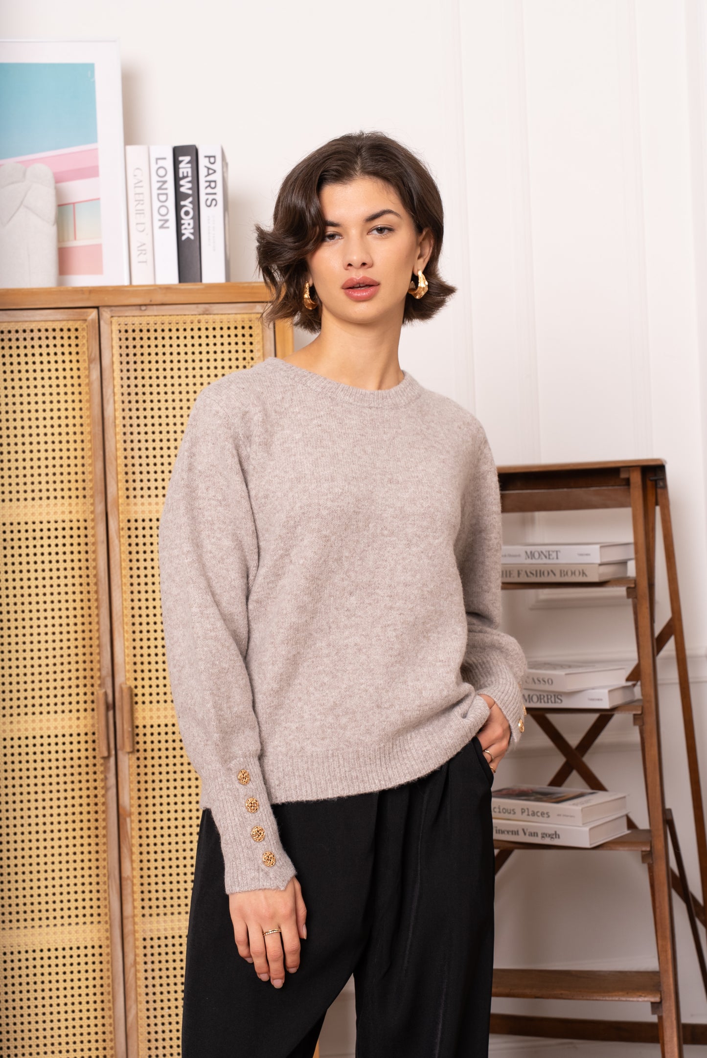 Lauren taupe fluffy jumper with sleeve gold buttons