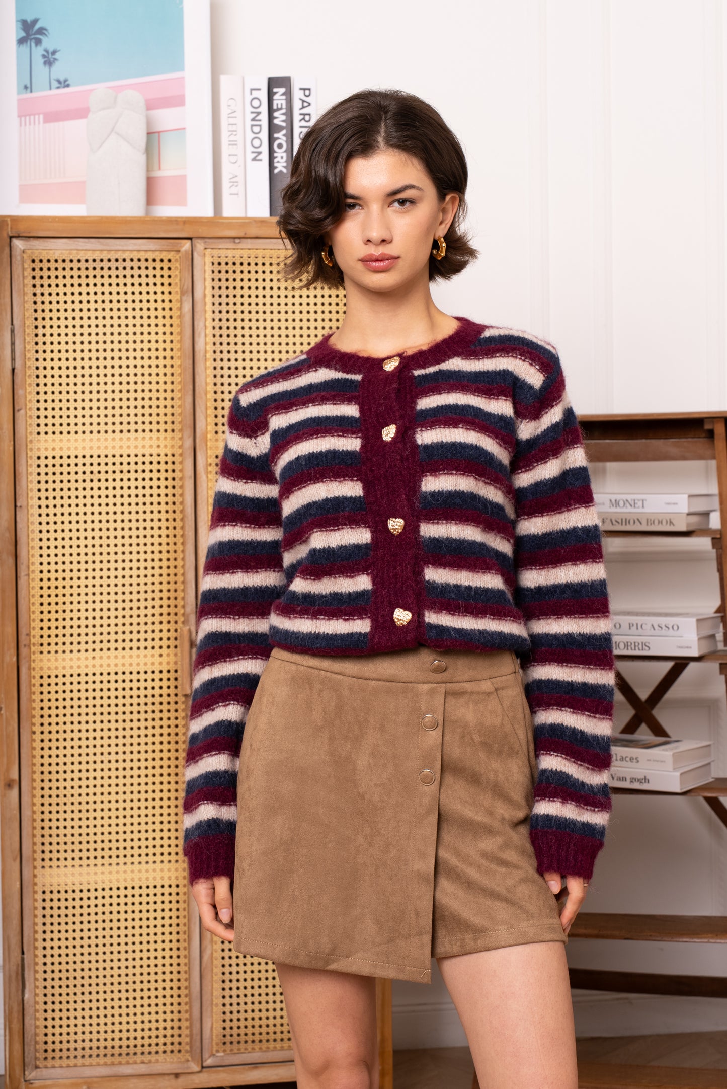 Eve gold heart button striped cardigan