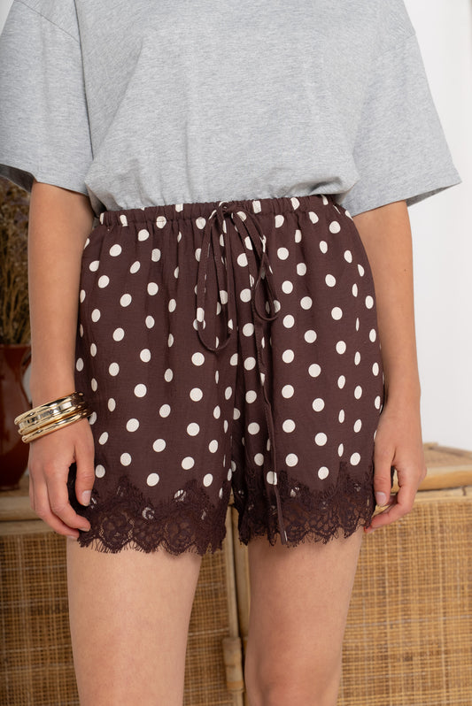 Brown polka dot lace trim shorts