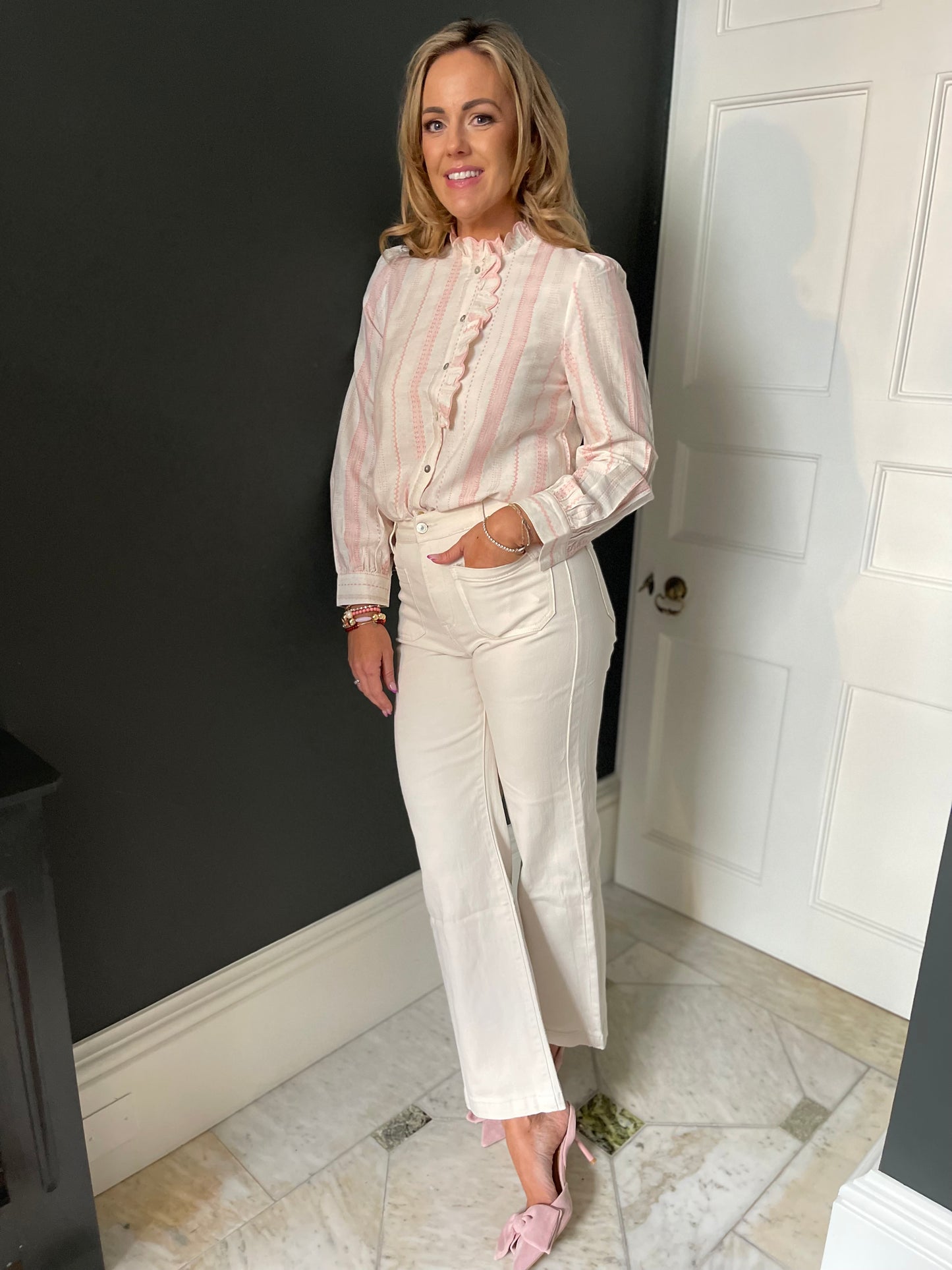 Lucille soft pink striped ruffle blouse