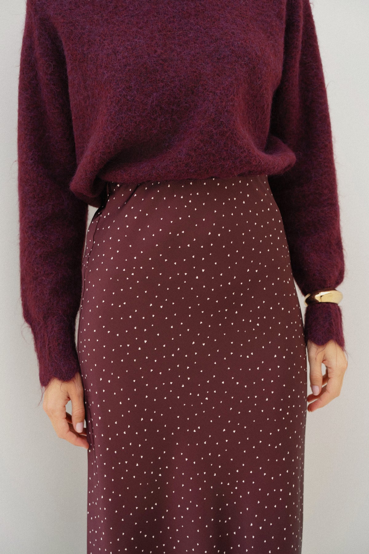 Maria burgundy polka dot satin skirt